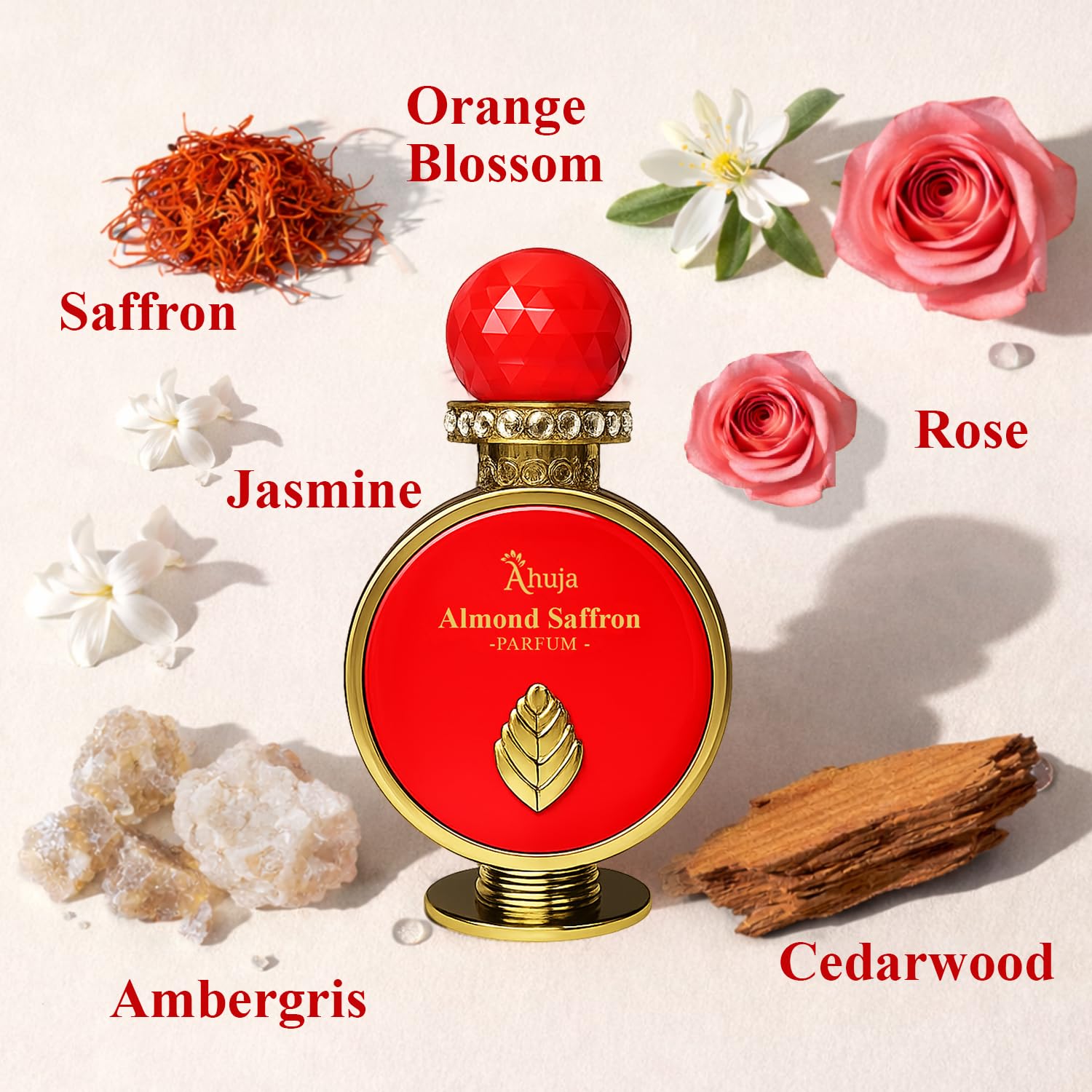 AHUJA Almond Saffron – 3.4 oz Parfum | Unisex Warm Floral Saffron Scent | 30% Long Lasting Oil | Saffron, Jasmine, Orange Blossom, Rose, Ambergris, Cedarwood | Luxury Orange Gift Box