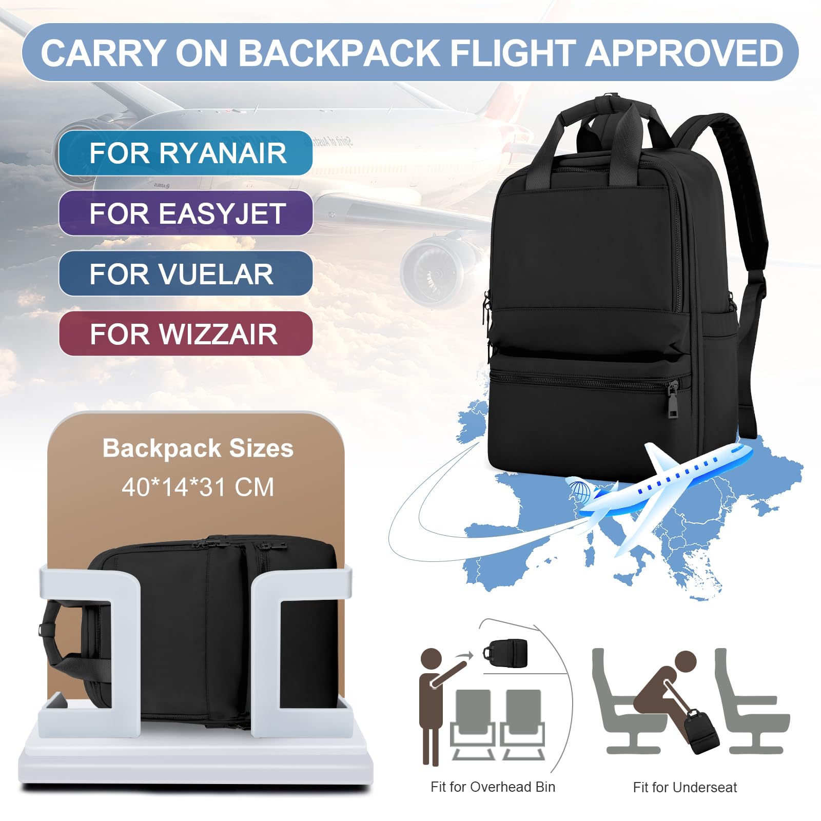 UPPACK Zaino Ryanair 40x20x25 Zaino Da Viaggio aereo Bagaglio a Mano Donna Zaino Borse da Cabina Borsa da Viaggio aereo Zaino per PC Impermeabile Casual Daypack