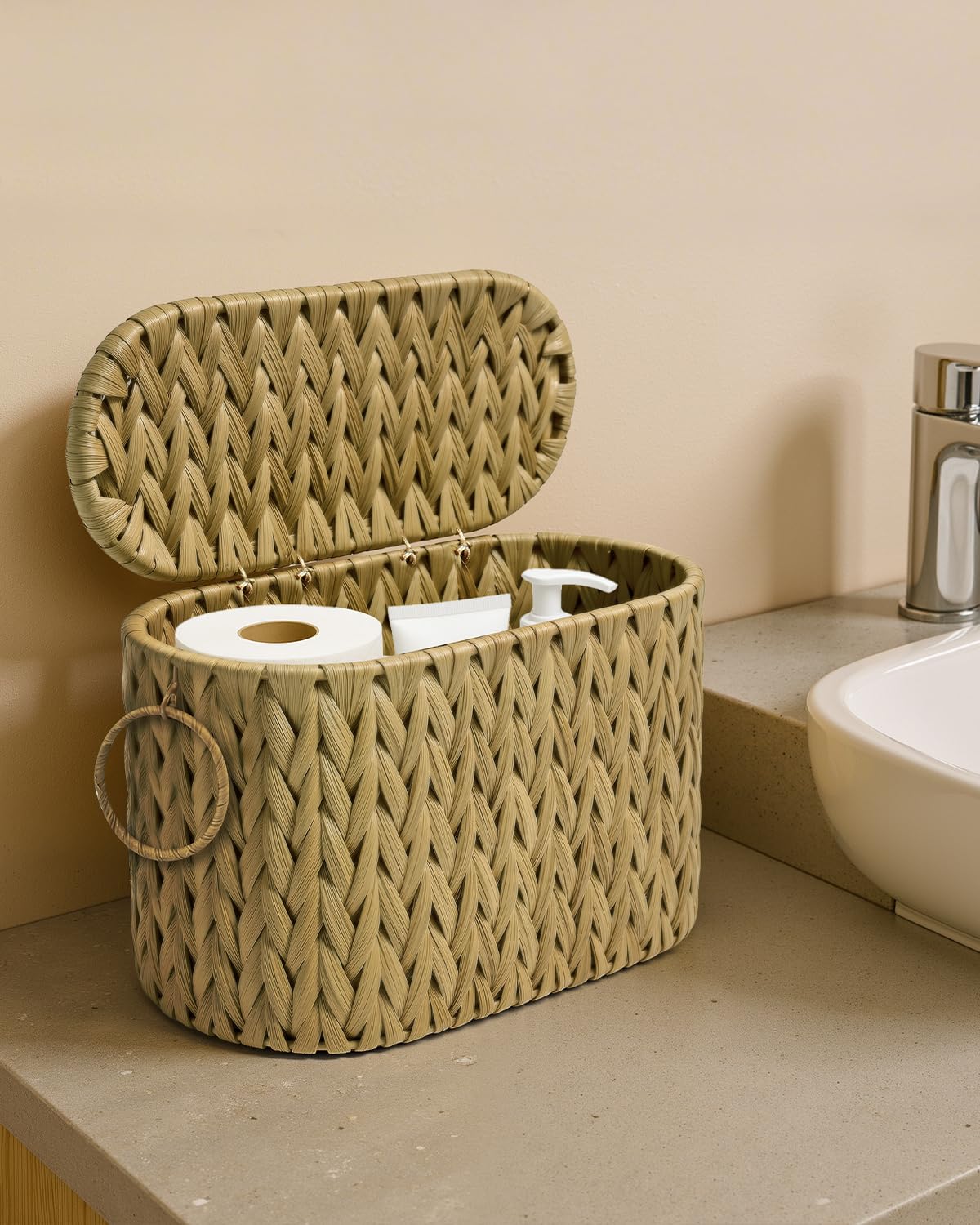 Handgefertigter Rattan-Korb für Toilettenpapier mit Deckel, Zeitschriftenhalter, integriertes Design, Aufbewahrungsbehälter für Klopapier, WC Papier Aufbewahrung, Haushaltswaren-Organizer Gelb