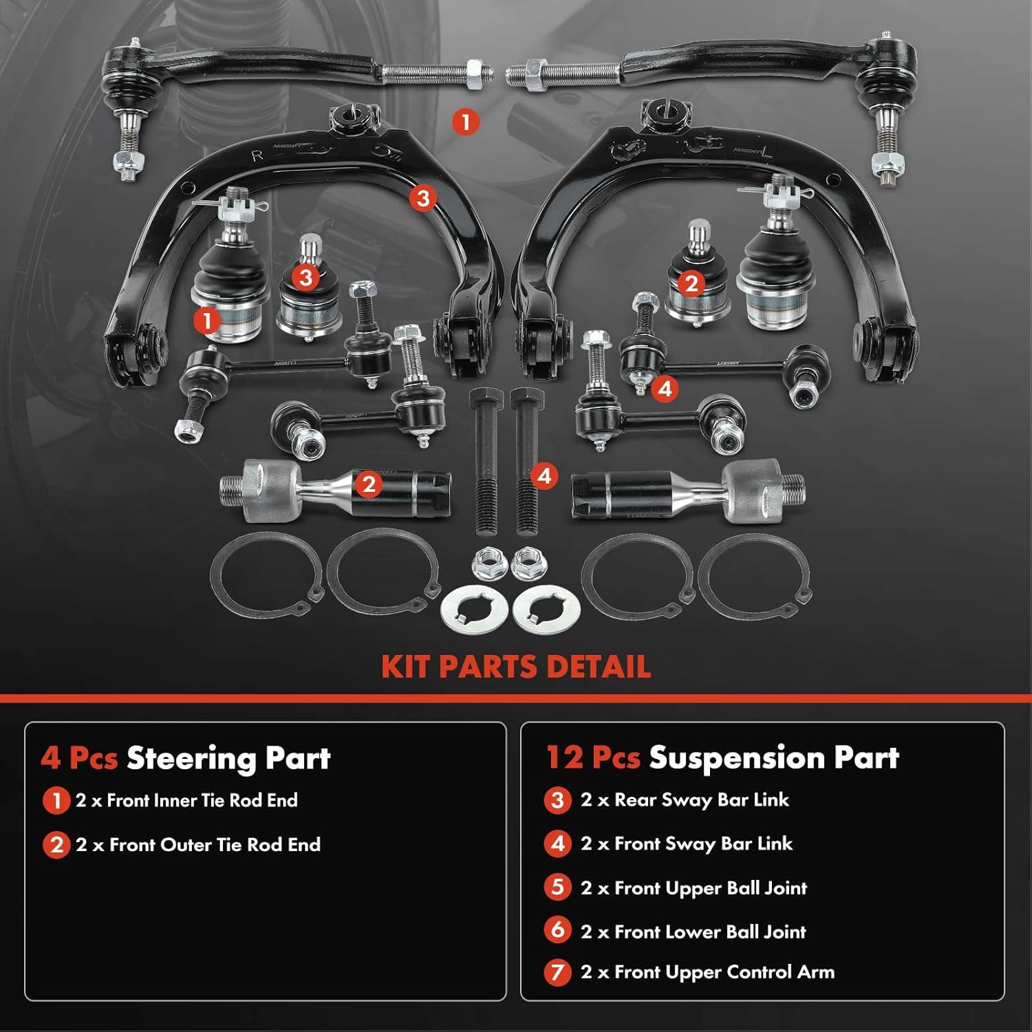 A-Premium Set of 14, Front Upper Control Arm Upper Lower Ball Joint Inner Outer Tie Rod End & Front Rear Sway Bar Link, Compatible with Chevrolet Trailblazer & GMC Envoy & Isuzu Ascender