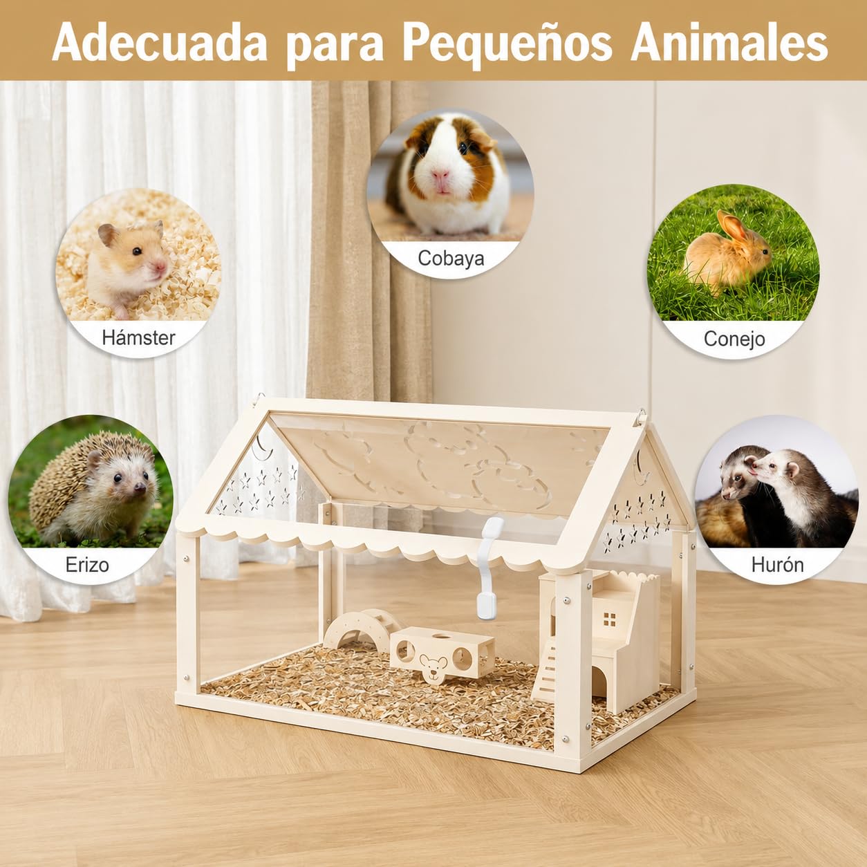 Jaula para Hámster, Hábitat Transparente de Acrílico para Hámsteres Enanos y Pequeños Roedores con Escalera, Túnel y Casa, 60 × 30 × 40 cm