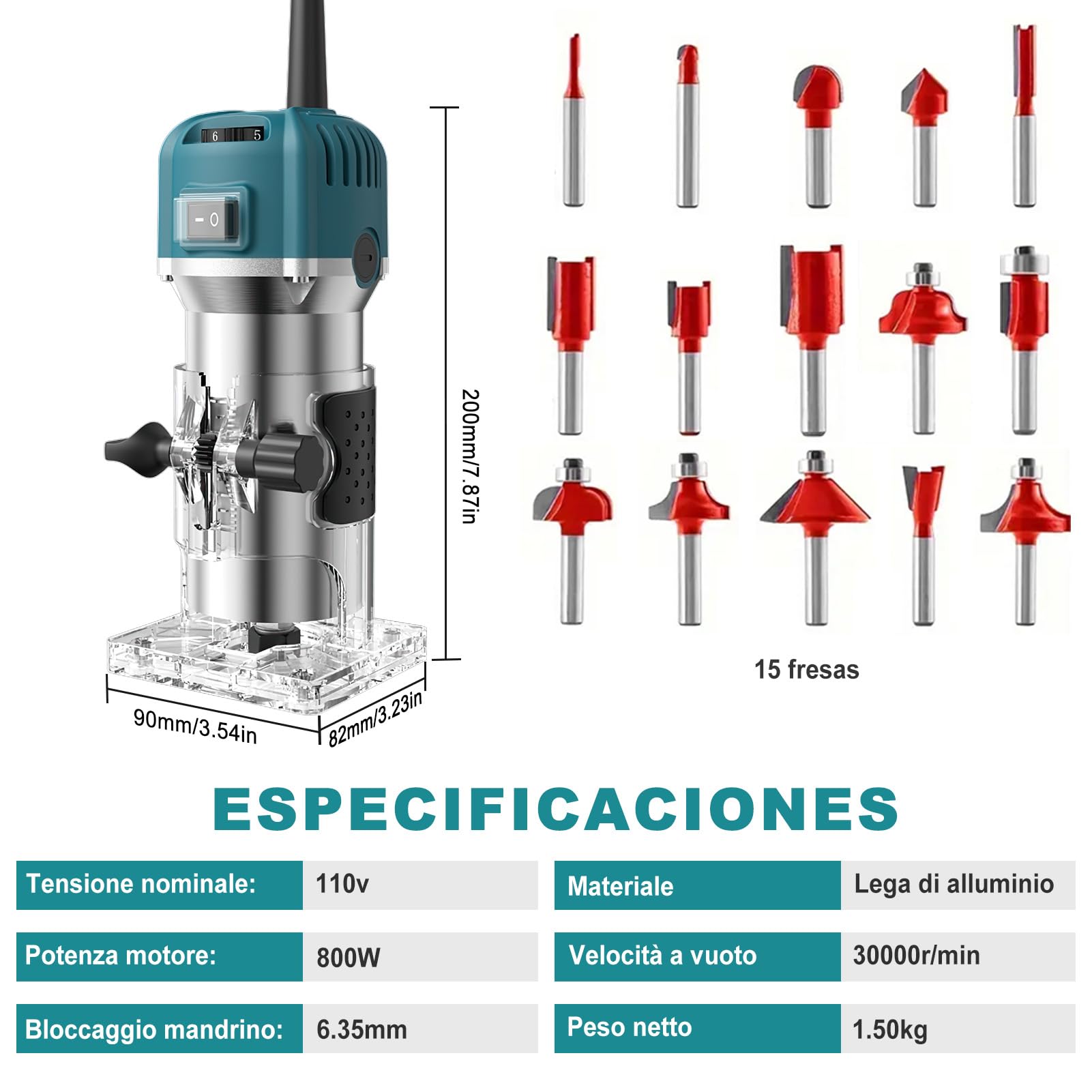 Rifilatore Fresatrice Verticale 800W, Router di legno elettrico, 30000rpm Legno Rifilatrice Elettrica a 6 velocità Variabili con 15 frese per intaglio per Smussare, Scanalare, Rifilare, Punzonare