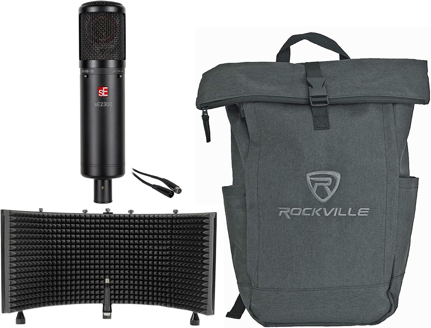 Se Electronics sE2300 Bundle: Multi-Pattern Condenser Recording Microphone w/Shockmount and Pop Filter, ROCKSHIELD 3 Isolation Shield, RCXFM20E-B 20 ft XLR Cable, RPAK Backpack Bag, 4-items