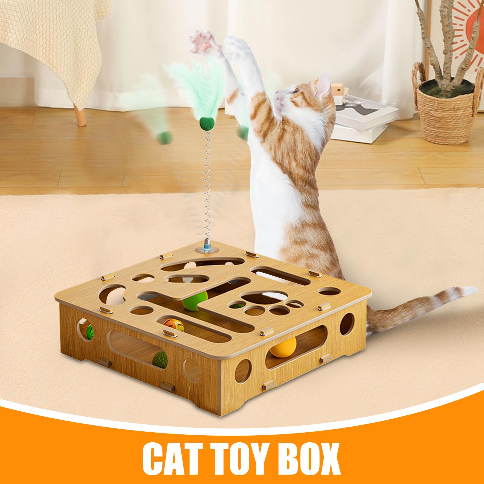 Juguete de rompecabezas para gatos, juguetes interactivos, caja de madera con plumas y bolas, para gatos de interior