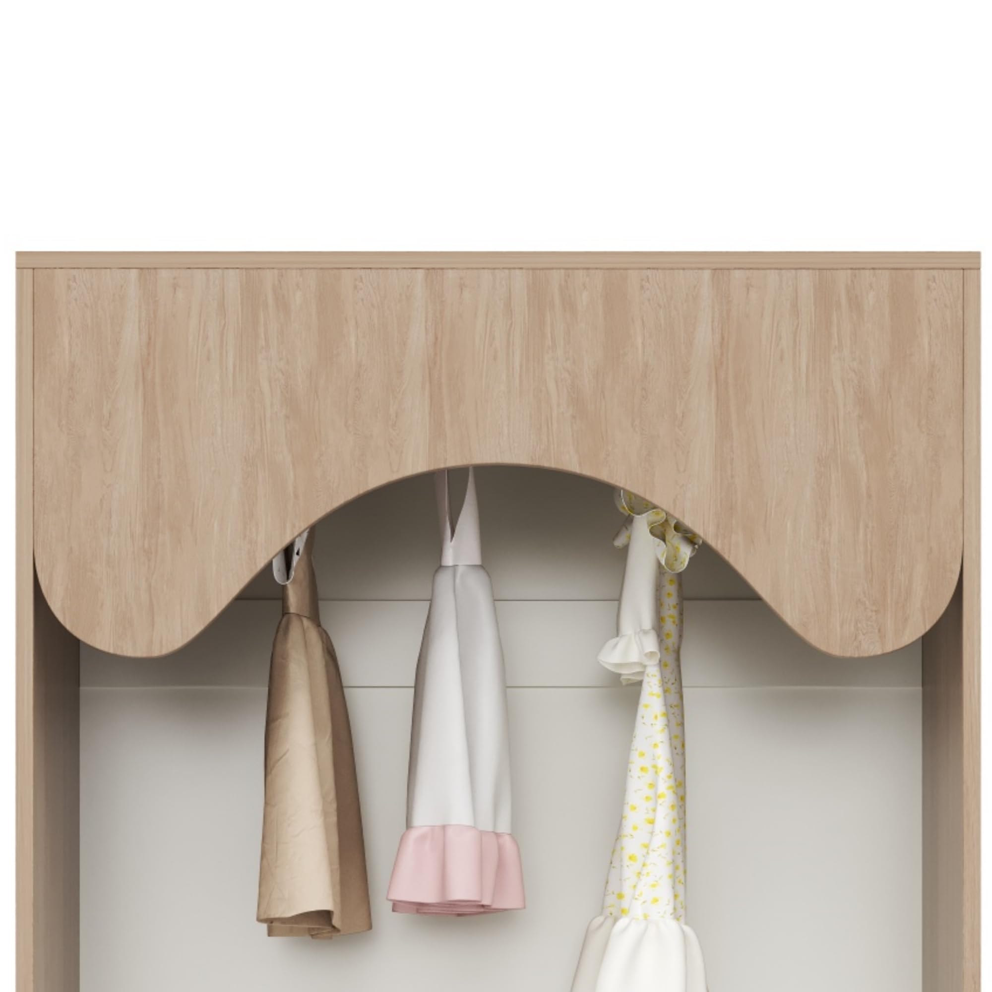 Moimhear Armario infantil, armario con barra para colgar, color blanco+madera natural, con cajones, armario abierto, tiradores de madera maciza, tablero de fibra (Estilo 2)