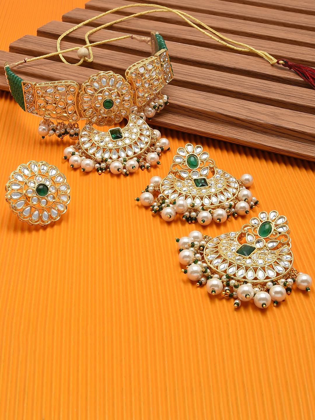 Women's Crystal Bridal Kundan Choker Necklace Earring & Ring Set