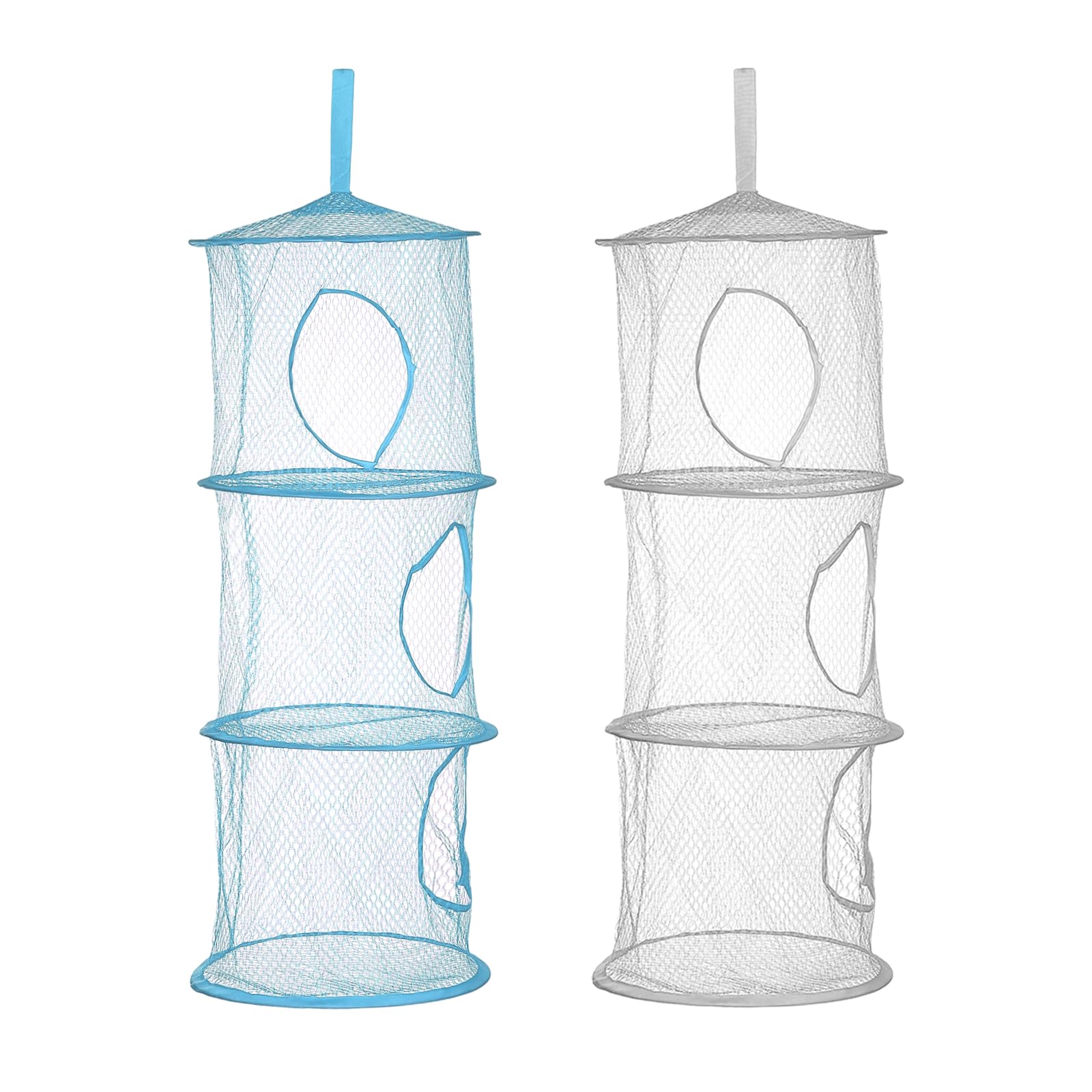 sourcing map 2Pcs Mesh Hanging Storage Basket, 28cm Foldable Storage Organizer with 3 Compartments Space Saver Bags for Room Bathroom Balcony Closet Store Sock Doll Underwear, Grey, Light Blue