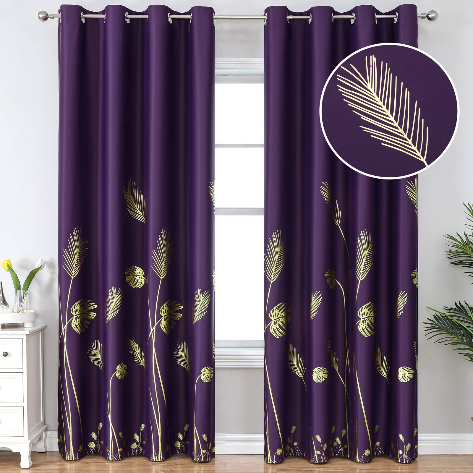 Photo 1 of **HAS MINOR TAPE RESIDUE DAMAGE*** Estelar Textiler Purple Blackout Curtains & Drapes 90 Inch Length 2 Panels Set for Living Room, Thermal Insulated Room Darkening Gold Palm Leaf Pattern Grommet Drapes for Bedroom, 52Wx90L