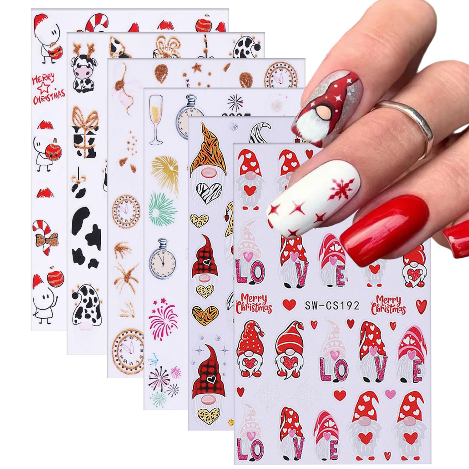 6 Sheets Christmas Nail Art Stickers 3D Self-adhesive Cartoon Santa Claus Leopard Print Heart Nail Art Decal Cute Cow Clock Design Nail Decoration