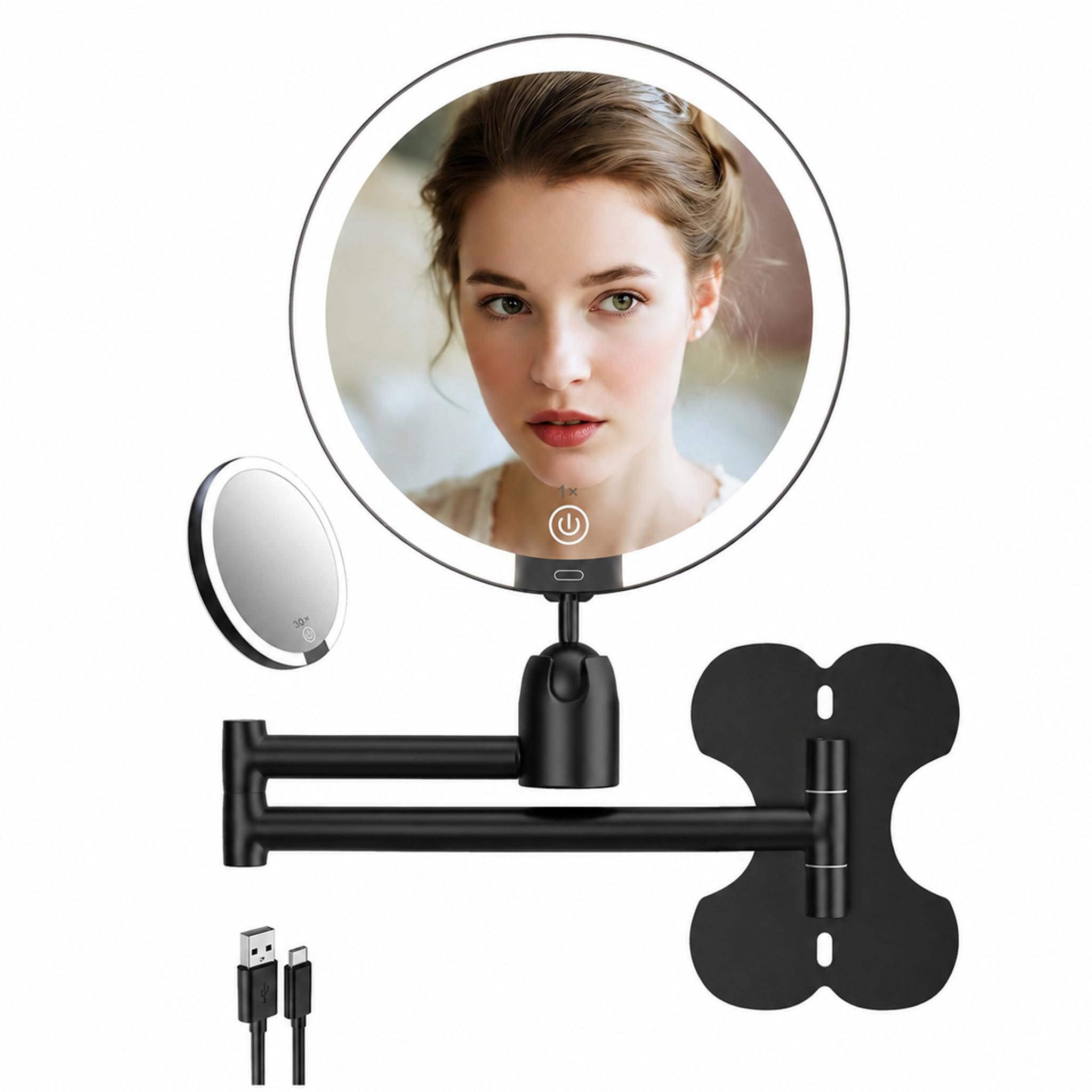 Miroir Grossissant Lumineux Double Face 1X/30X Miroir Maquillage Lumineux 15cm Dimmbar 3 Modes Eclairage Miroir Salle de Bain LED, Bras Extensible Miroir Cosmétique Rond Rechargeable Noir