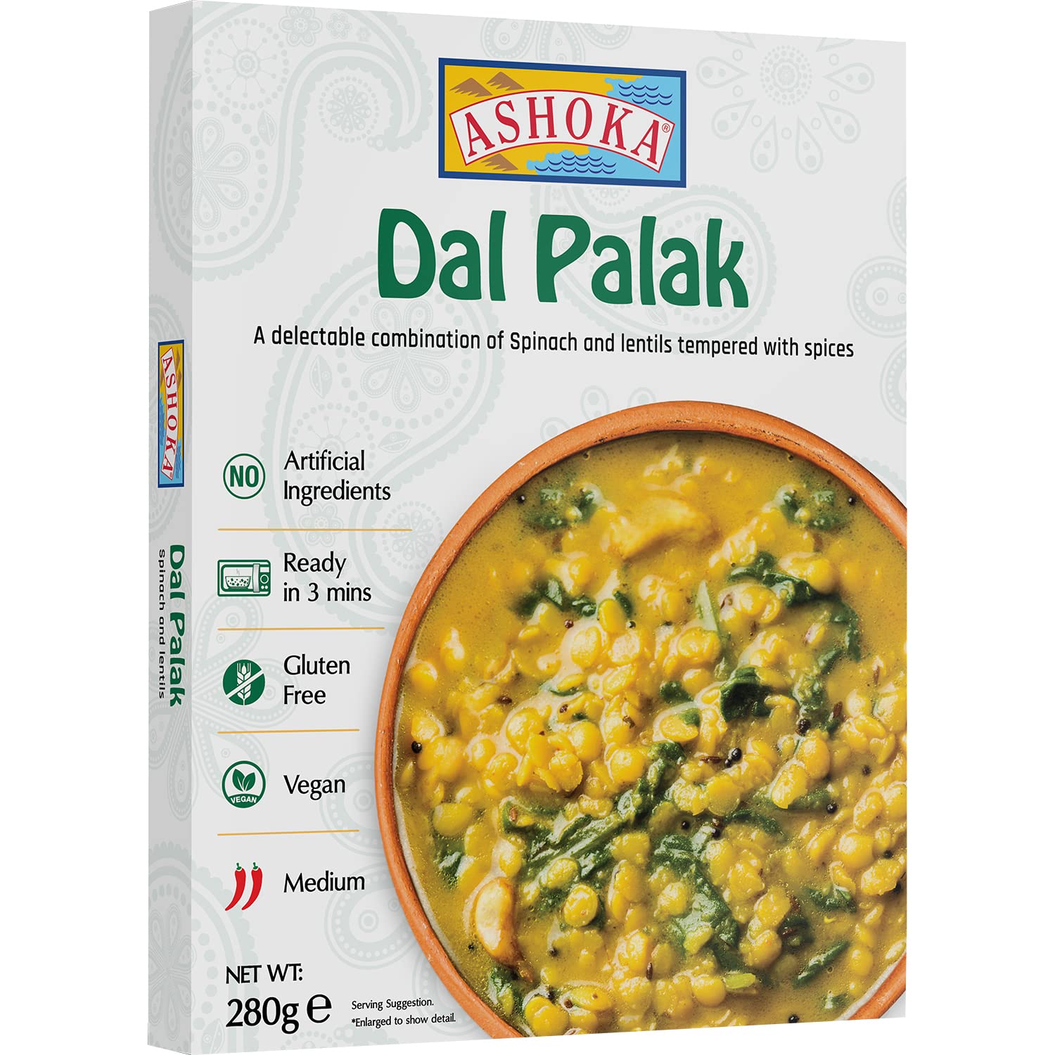 Ashoka All-Natural Entrees 1932, Vegan Spinach and Lentils, Microwave Friendly Meals, Authentic Indian Dal Palak, Great for Outdoors, Kosher Certified, Gluten-Free & with No Preservatives, Pack of 1