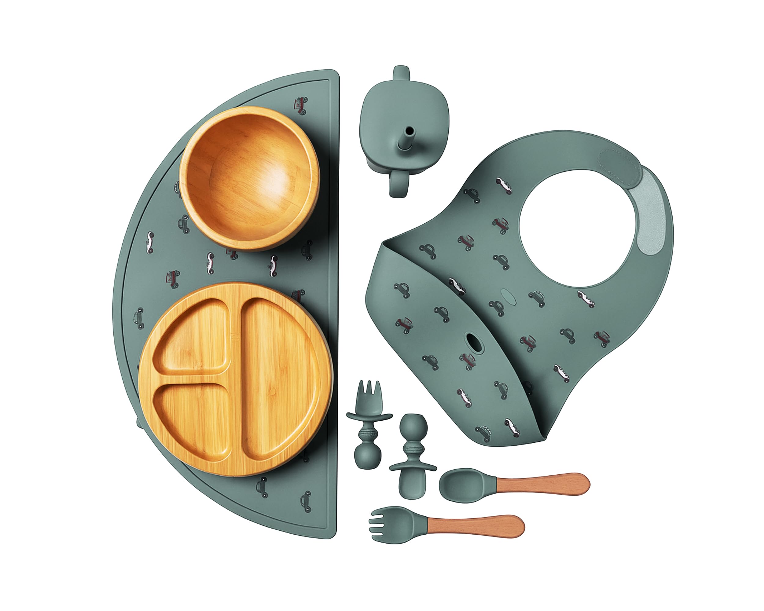 Juego de alimentación de bambú para bebés, bebés y niños pequeños, artículos esenciales para bebés, no tóxico, sostenible, plato con ventosa de bambú, tazón, babero, taza para sorber con tapa y pajita, regalo perfecto para baby shower, color gris pino