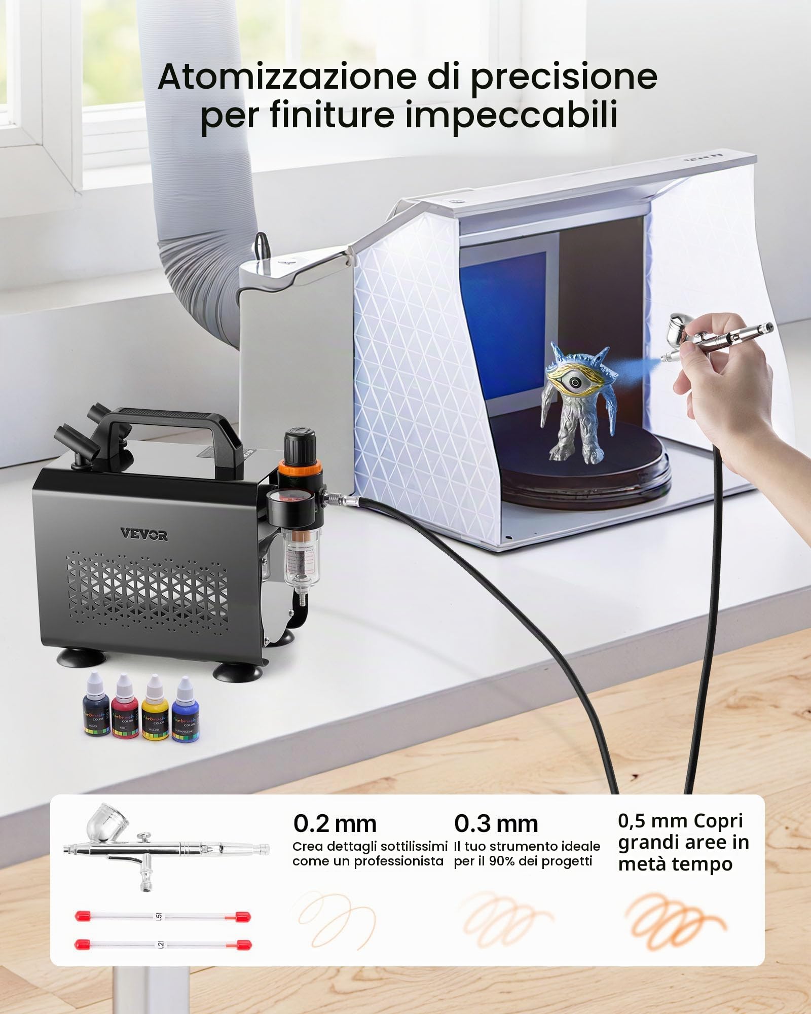 VEVOR Set Aerografo 1/6 HP con Compressore d'Aria, 1 Spruzzatore Aerografo a Doppia Azione con 3 Ugelli (0,2/0,3/0,5 mm) Flusso d'Aria 23 L/min, per Decorazione di Torte, Pittura di Modelli