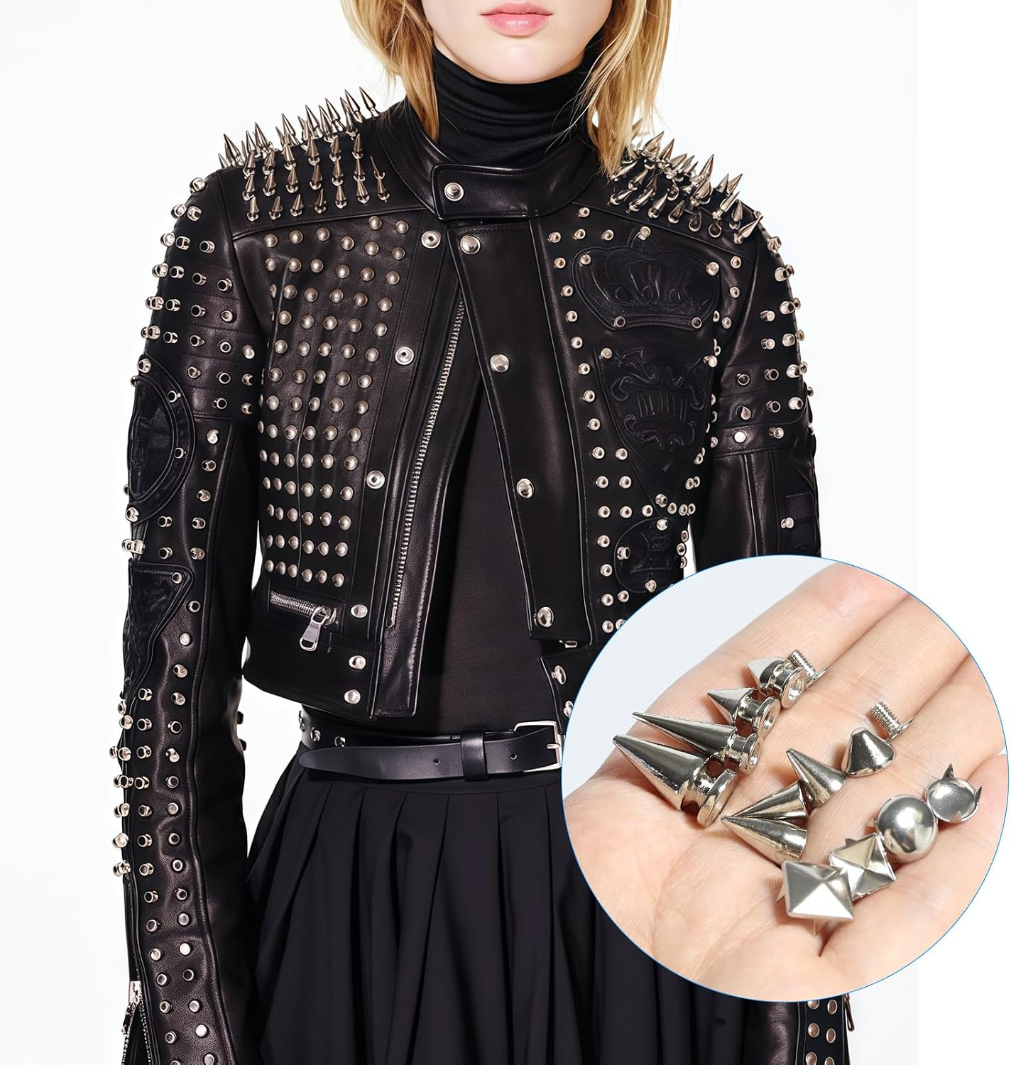 Lohoee 543 Sets Punk Studs and Spikes Kit，8 Size Cone Spikes, Square Pyramid Studs Round Leather Rivets for Leathercraft Clothing Accessories Dog Collar DIY Punk Style Decoration