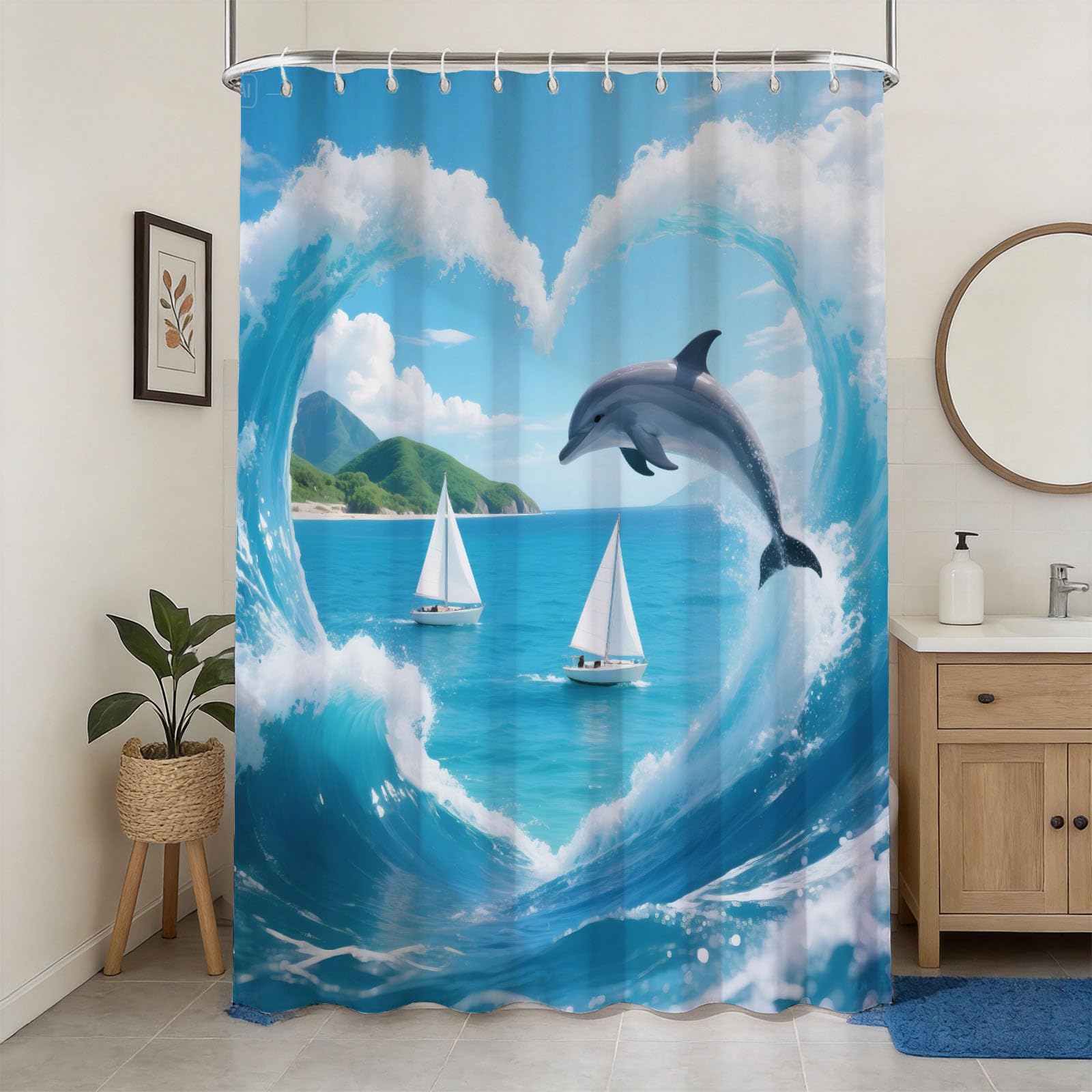 Hongduo 3D Dolphin Shower Curtain for Stalls Bathtubs Marine Life Bathroom Decor Shower Curtain Set Polyester Fabric Waterproof 180x180cm/71X71 Inch with Hooks