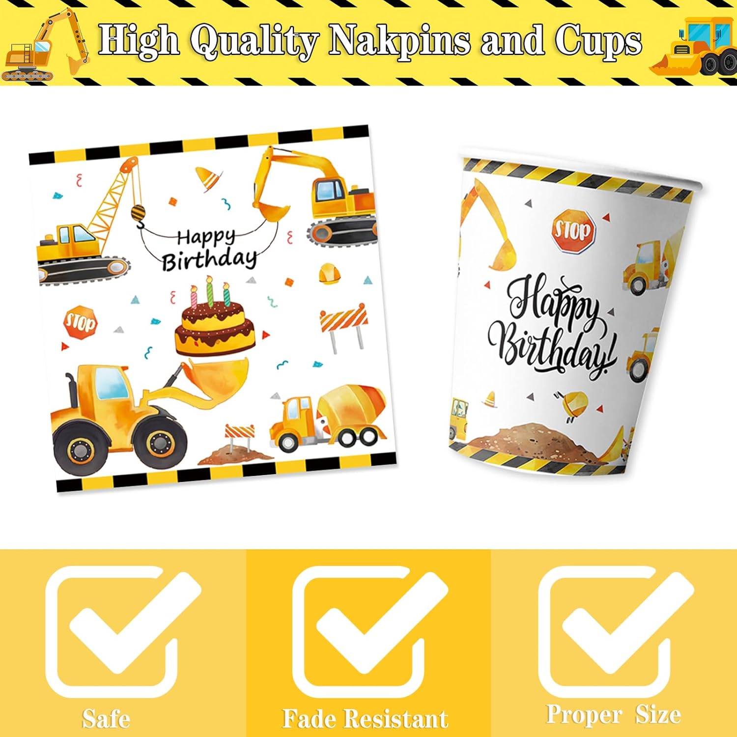 96PCS Construction Birthday Party Supplies,Construction Party Decorations Includes Plates, Cups, Napkins, Truck Construction Themed Birthday Party for Boys Kids,Serves 24 Guests - Image 3