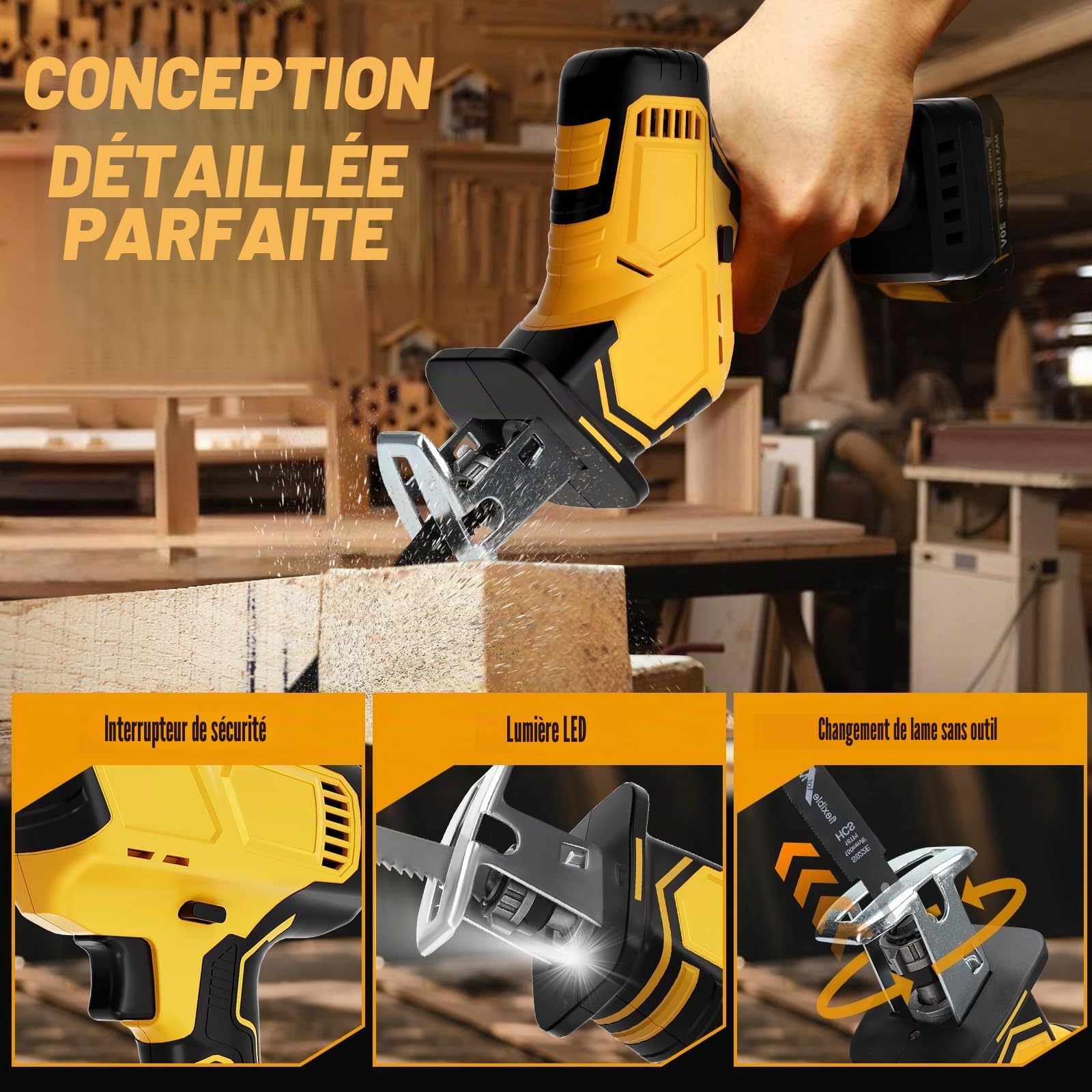 WingFly Scie sabre sans fil pour Dewalt 18 V, 20 V, 4 lames de scie | 2700 tr/min, scie sabre électrique avec variateur de vitesse en continu, peut être utilisée pour métal, bois (sans batterie)