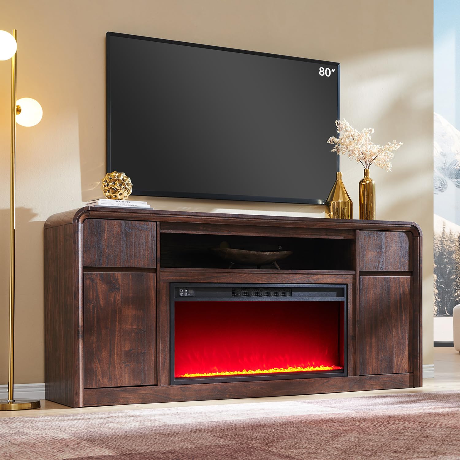 Modern Fireplace TV Stand with 36" LED Electric Fireplace for 80 inch TVs, 32" Tall Entertainment Center w/Drawers &Adjustable Shelves, Wood Media