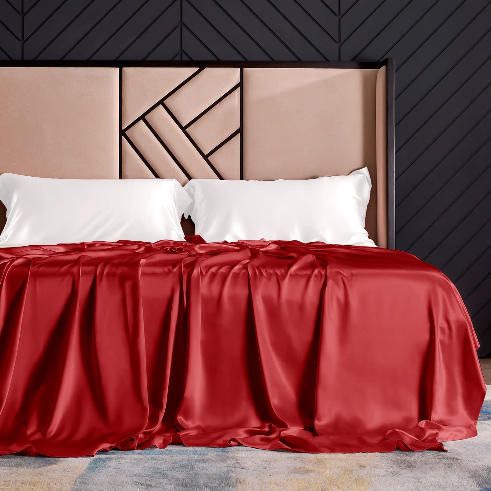 19mm 1 Pcs Silk Flat Sheet, 100% Top Grade Mulberry Silk Bed Sheet, Ultra Soft Pure Mulberry Silk Bedding Durable (Cal.King, Red)