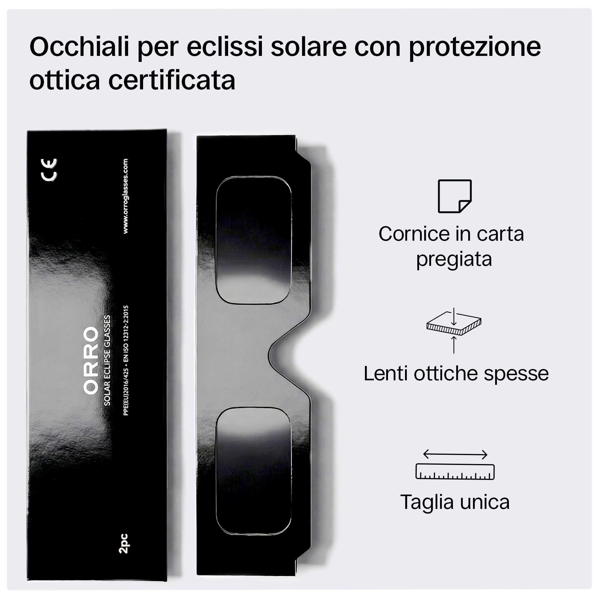 ORRO Classic Occhiali Eclissi Solare 2 Pezzi, Neri, per il 12 Agosto 2026, Protezione Oculare Certificata, EN ISO 12312-2:2015 Testati, Marchio CE per Osservazione Solare Sicura