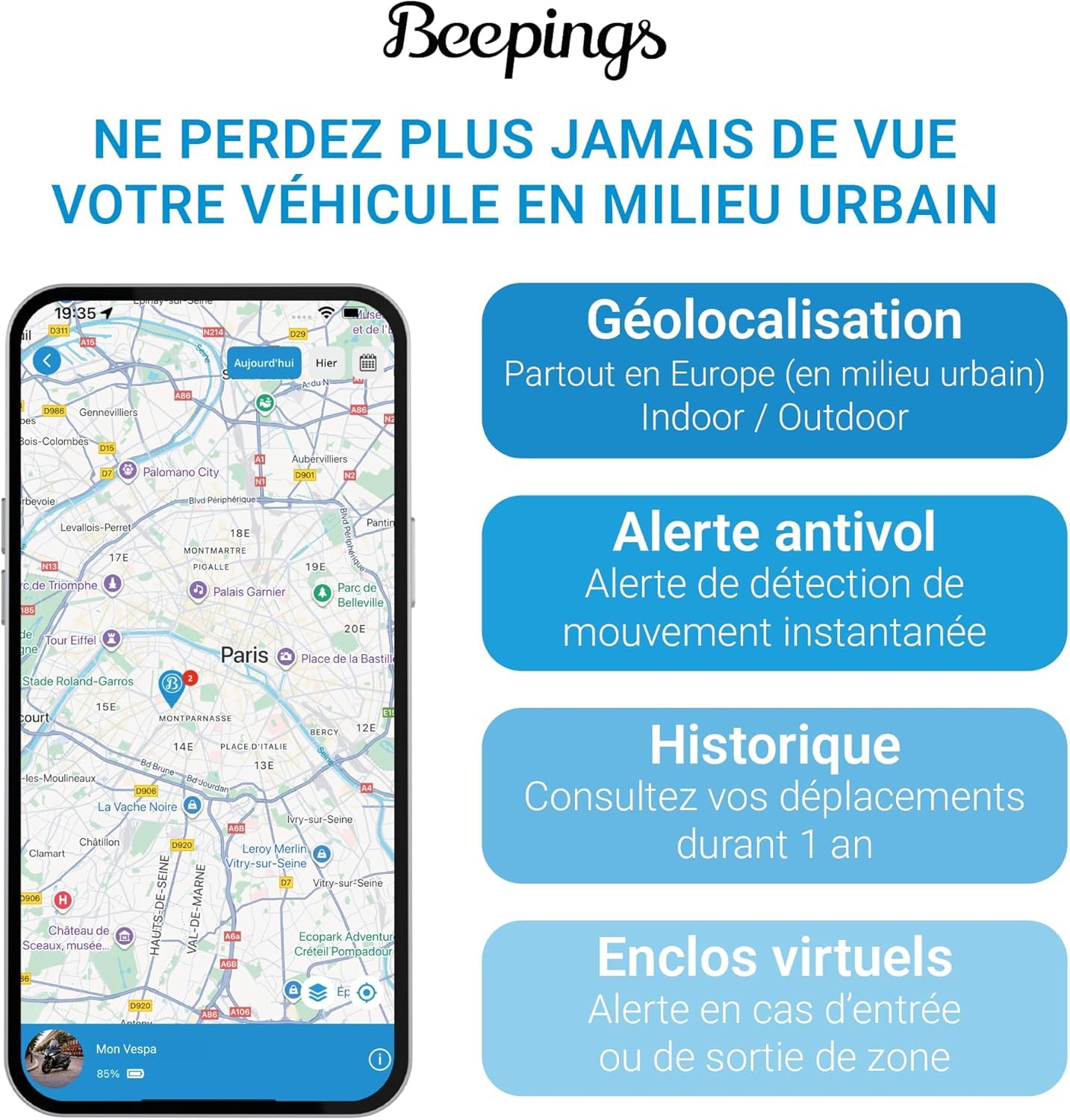 ZEN S by Beepings; GPS Tracker Auto, Moto, Scooter, Monopattino, Senza SIM (ZEN S Nero, Abbonamento di 1 anno)