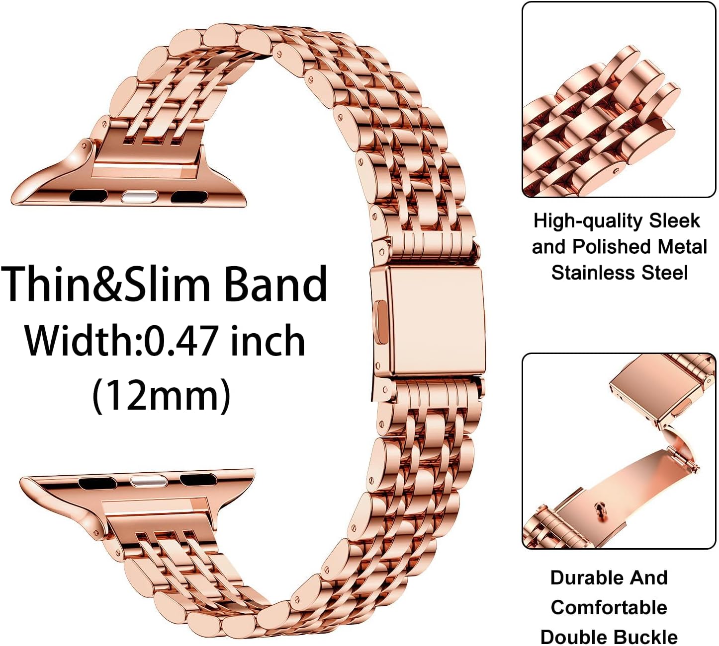 MioHHR Slim Metal Band Compatible with Apple Watch Band 42mm(Series 11 10) 41mm(Series 9 8 7) 40mm(Series 6 5 4 SE3/2/1) 38mm(Series 3 2 1),Stainless Steel iWatch Bands for Women,Rose Gold - Image 4
