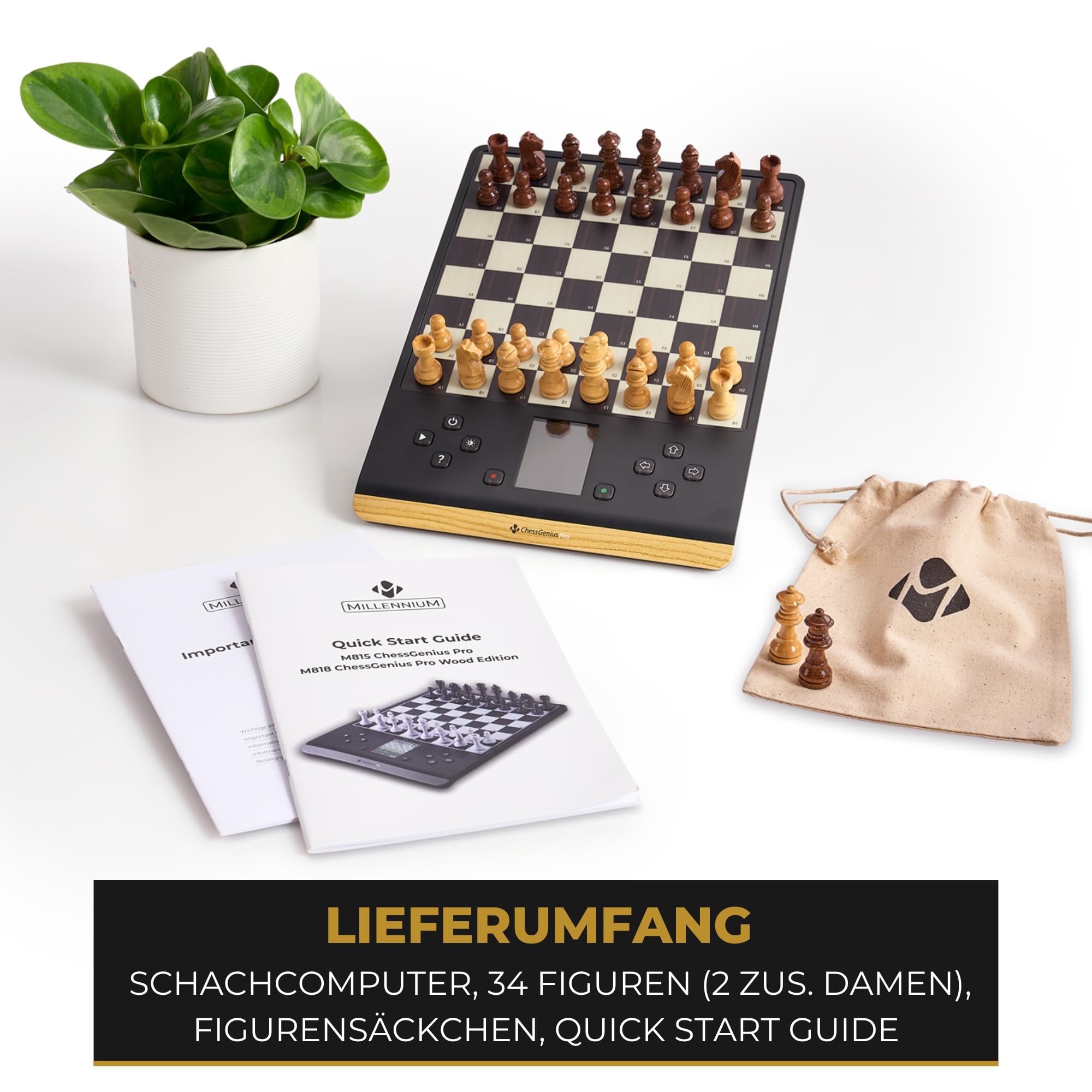 MILLENNIUM ChessGenius Pro Wood Edition Schachcomputer – Edle Holzoptik mit Echtholzfiguren, benutzerfreundliche Bedienung, mobil und vielseitig, ideal für Hobbyspieler mit KI-Lernfunktionen