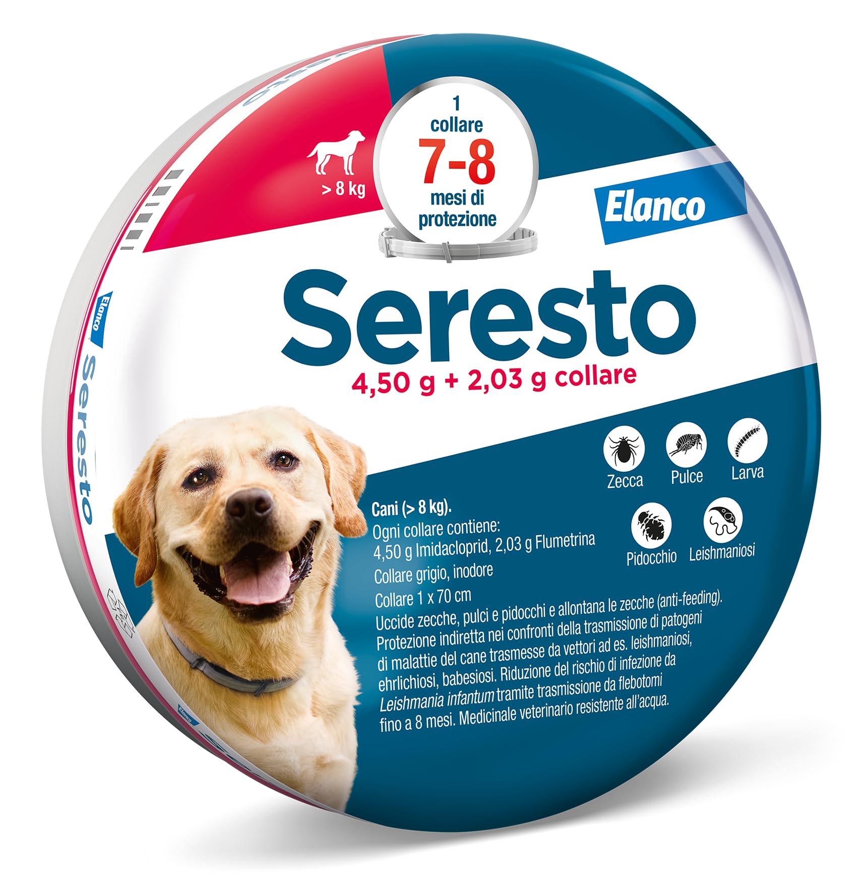 Seresto collare antiparassitario per cani oltre 8 kg. Elimina pulci, zecche, pidocchi e protegge dal rischio di trasmissione della leishmaniosi fino a 8 mesi.