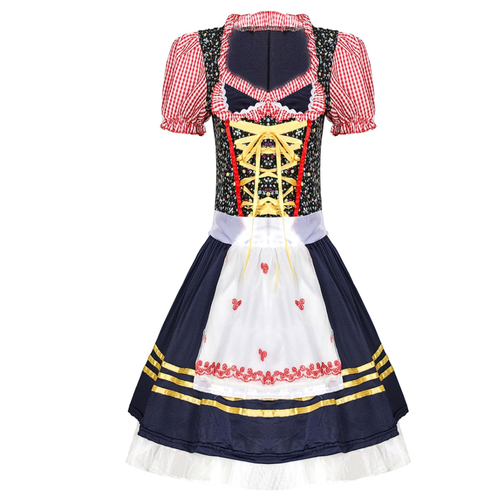 Costume da Cameriera Tedesca dell'Oktoberfest, Blu Navy con Corpetto a Quadri Rosa, Completo Professionale for ristoranti e Bar