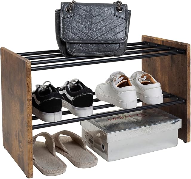 hi-home 2-Tier Shoe Rack Small, Black Metal Shoe Rack with Wooden Board, Shoe Storage Shelves with Stable Metal Tubes Frame, Shoes Rack Storage Shelf for Closet Bedroom Entryway, 60 x 30 x 37cm
