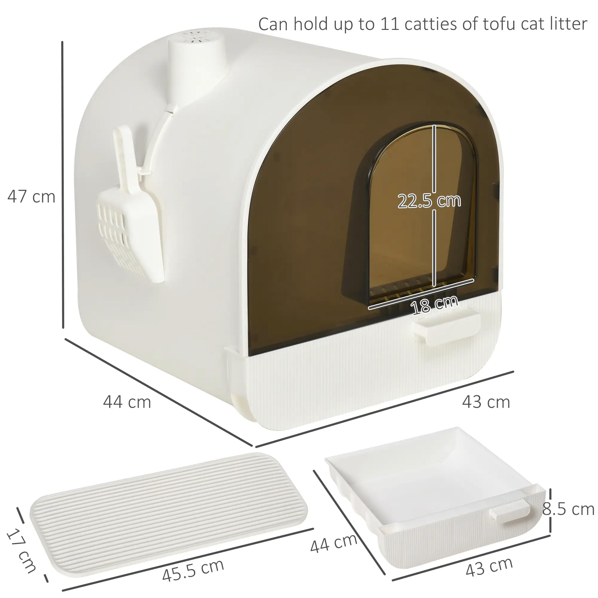 Arenero para gato cerrado con filtro antiolor, bandeja extraíble y pala incluida, diseño acogedor para gatos adultos, solución higiénica que ahorra espacio, color blanco, dimensiones 43 x 44 x 47 cm