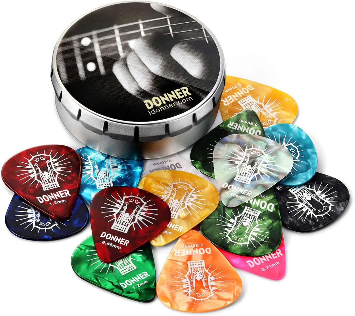Celluloid Guitar Picks, Donner 16pcs Guitar Plectrum Including Thin, Medium, Heavy & Extra Heavy Gauges (0.46mm-1.2mm)