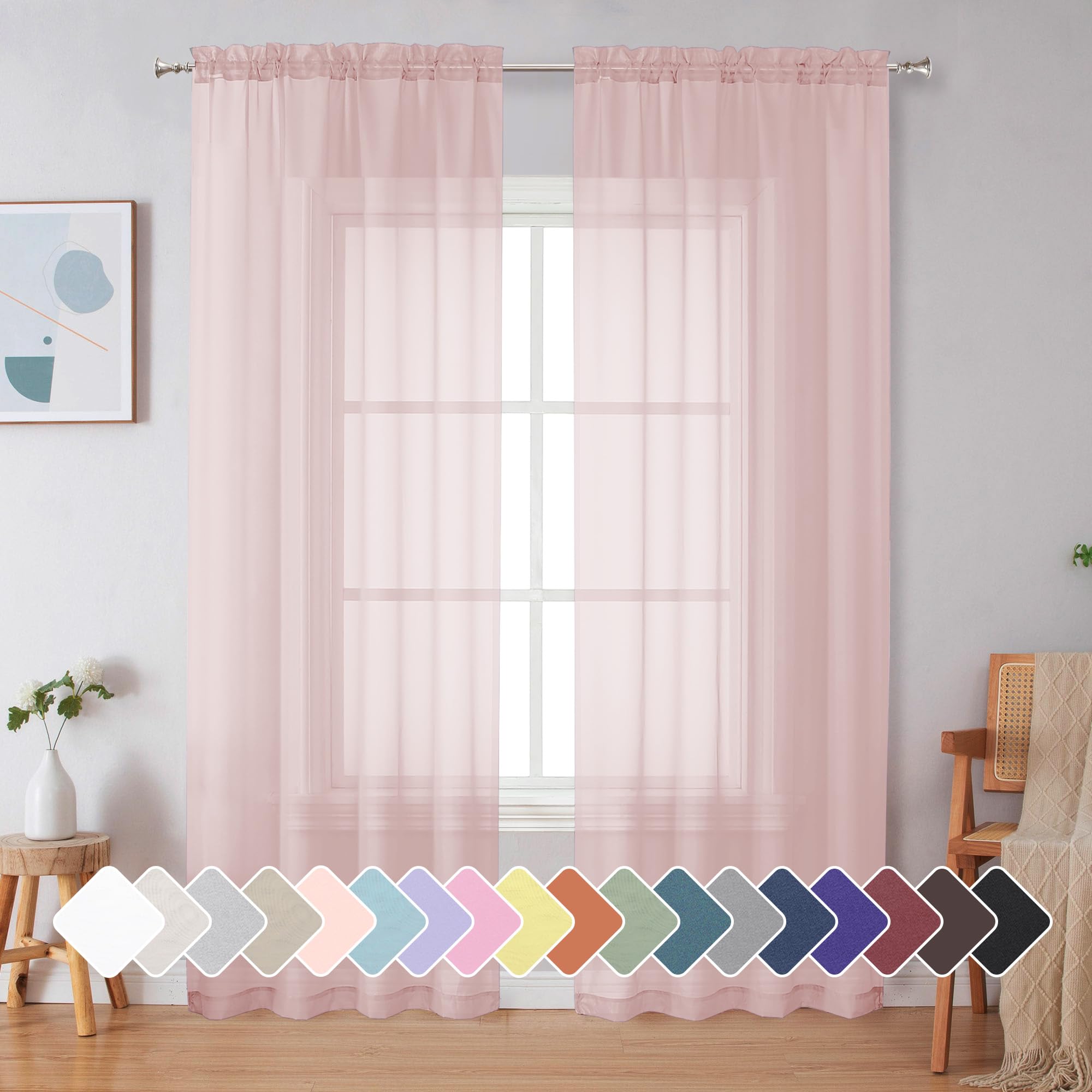 Simplebrand Blush Sheer Curtains 72 Inches Long 2 Panels for Living Room