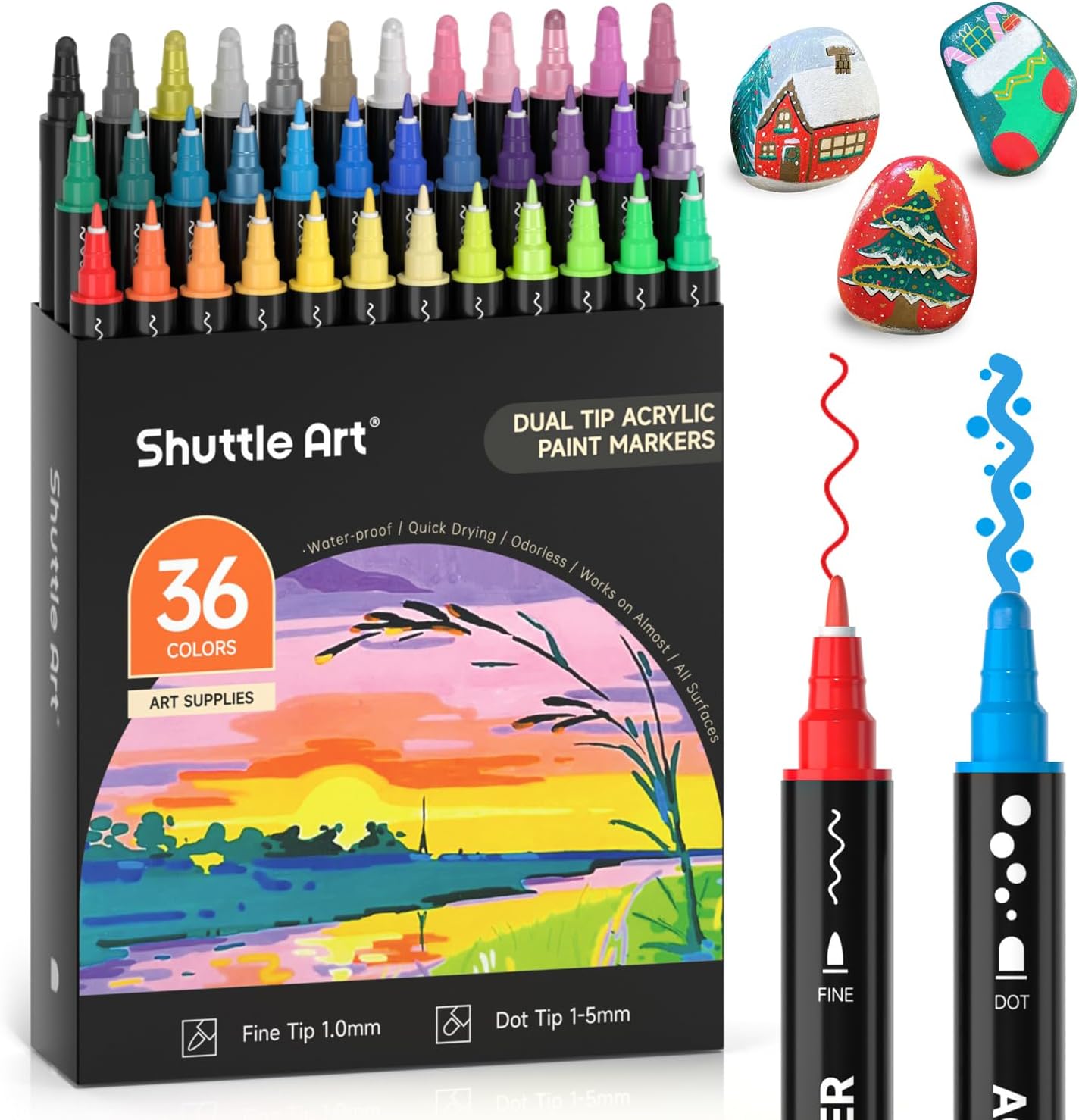 Dual Tip Acrylic Paint Pens, 36 Colours Dot & Fine Tip Paint Marker Pens, Paint Pens for Rock Painting, Ceramic, Wood, Fabric, Glass, Art Marker Pen Set for Kids Adults on Christmas Easter