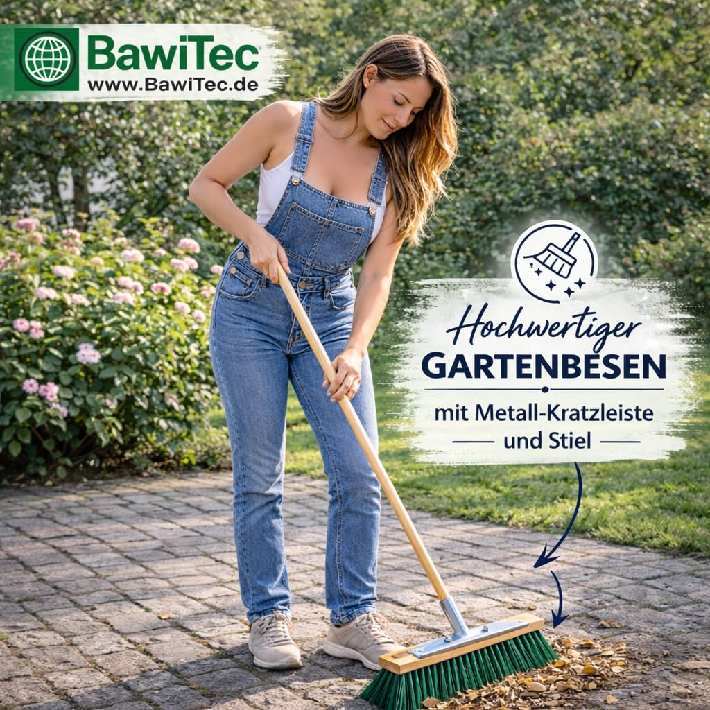 BawiTec Allzweckbesen, 40cm Breit/Lang, mit Kratzleiste/Schabekante und Metall-Stielhalter, Gartenbesen mit Stiel Besenstiel 160cm, Straßenbesen, grüne Borsten, Besen für Garten, Straße usw.