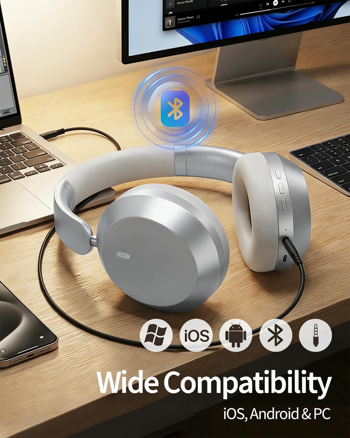 Wentronic Y05 Wireless Bluetooth Over-Ear Headphones – Noise Cancelling & Active Hi-Res Sound, 48H Playtime, Soft Comfort Earcups, Feel the Music Everywhere, Works with Android, iOS & PC, Silver