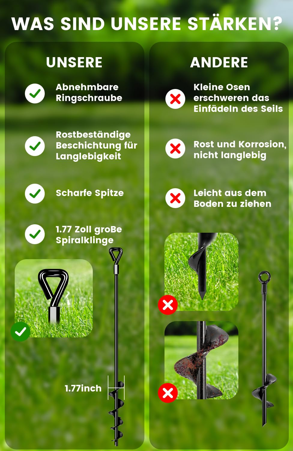 Ancoraggio a terra 65 cm, confezione da 4 ancoraggi Premium Secure Upgrade versione per il fissaggio di castelli gonfiabili, case mobili, gazebo e altri oggetti pesanti