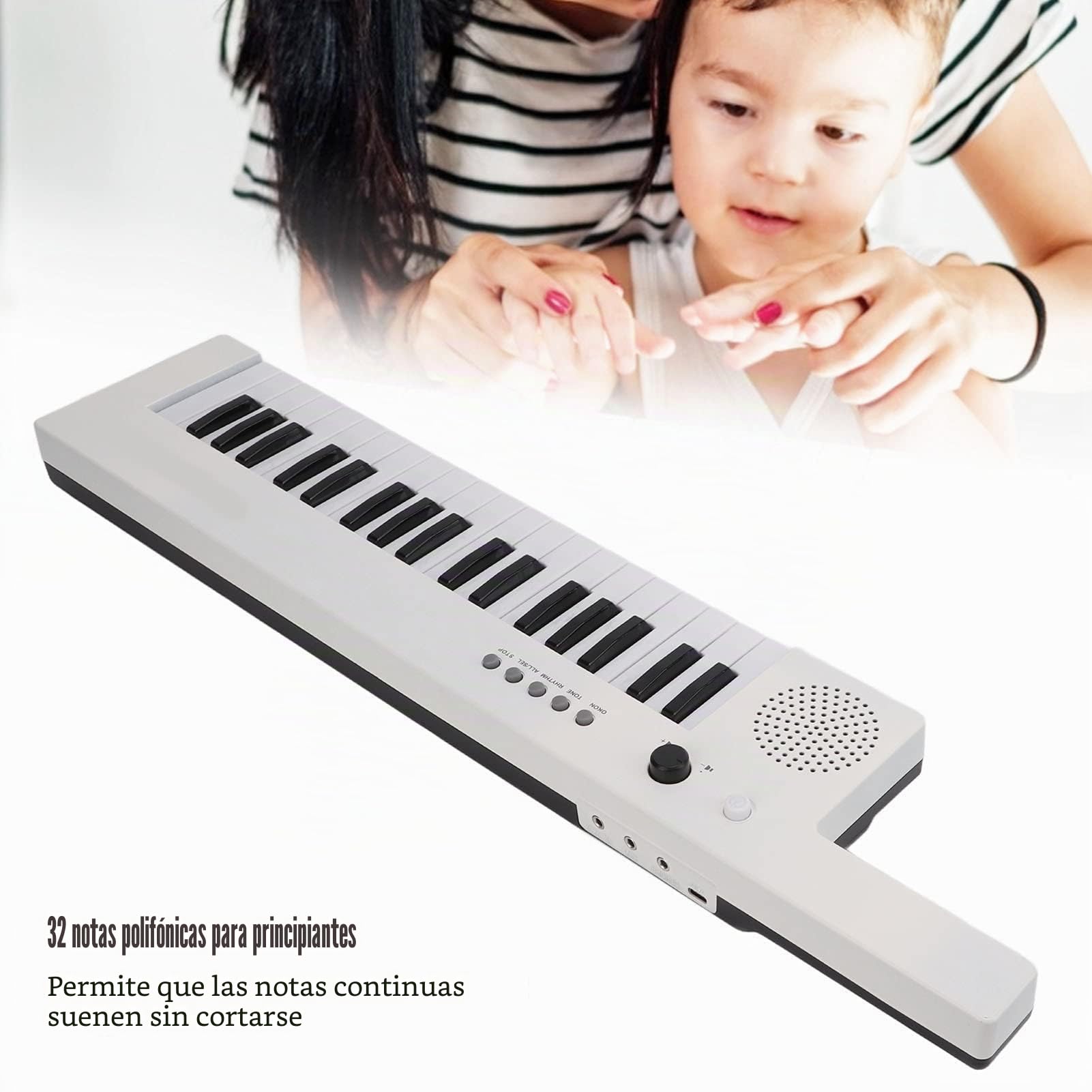 Teclado Electrónico De 37 Teclas Con Forma De Guitarra Portátil Órgano Con Correa Y Micrófono Integrado Batería De Litio Y 32 Notas De Polifonía Para Principiantes Y Niños (BF-3755 blanco)