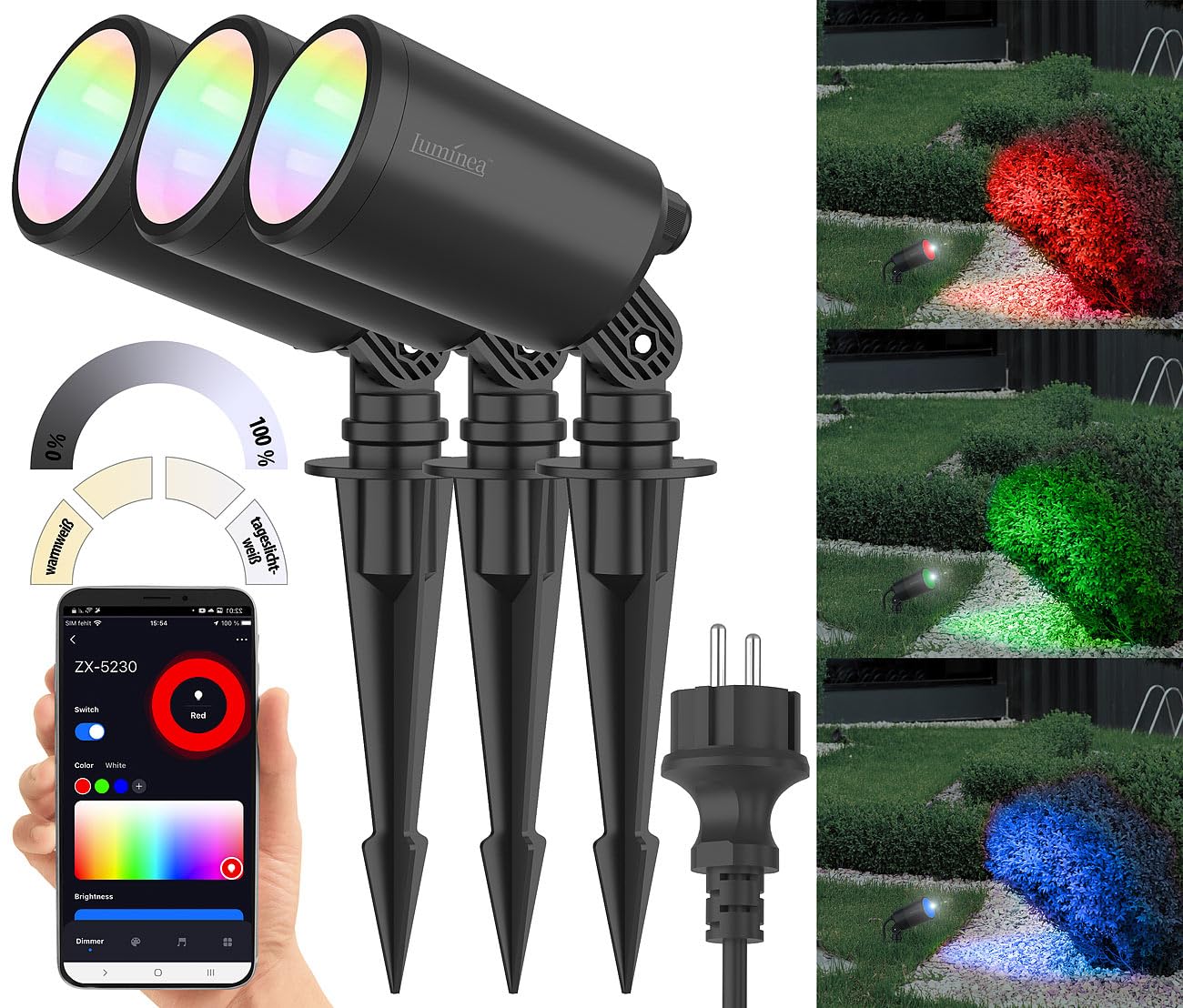 Luminea Home Control Gartenbeleuchtung: 3er-Set WLAN-Gartenstrahler, RGB & CCT, 7 W, 520 lm, IP65, App (Gartenspot, LED Garten, RGBW)