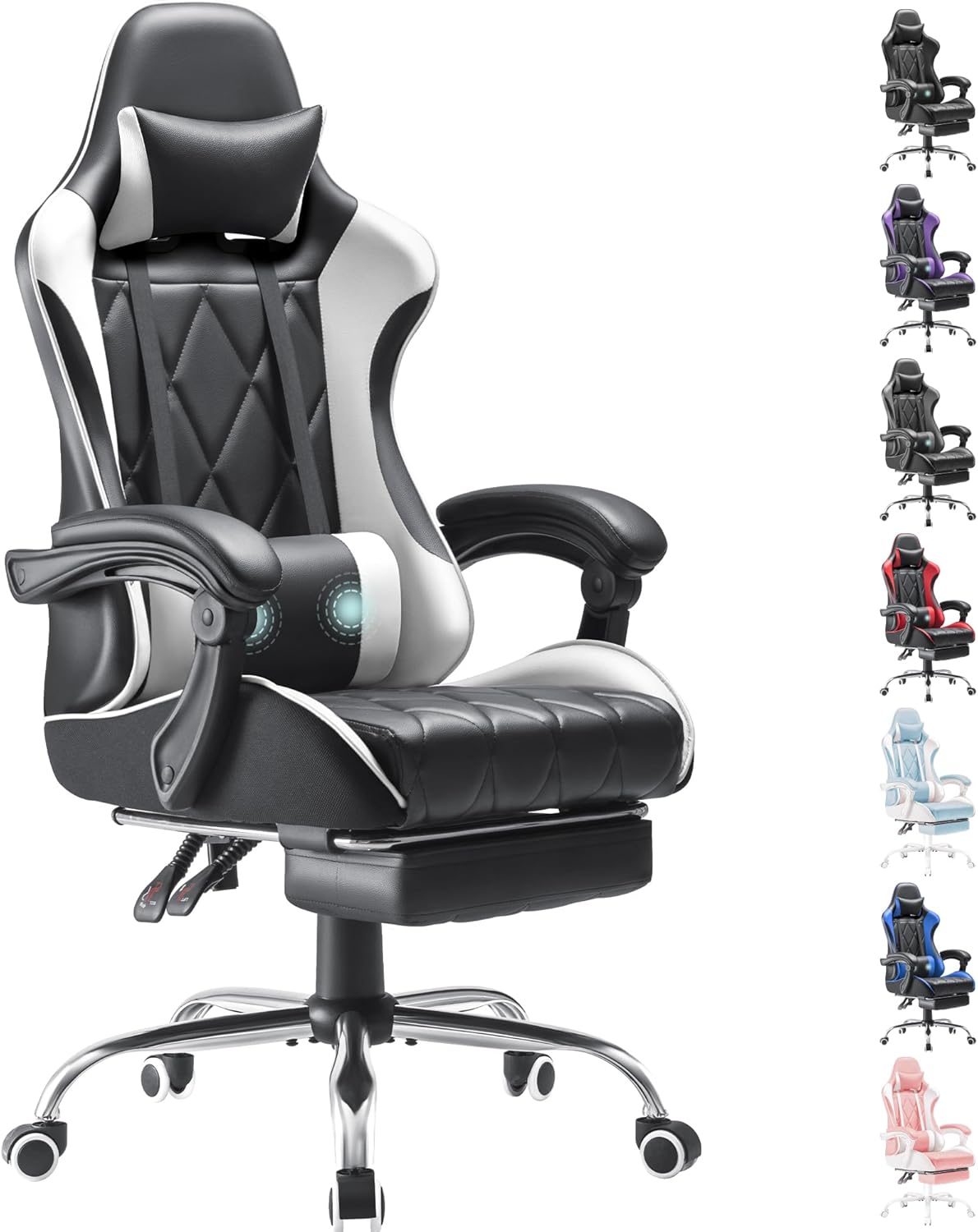 Homall Gaming Chair with Footrest and Massage Lumbar Support, Ergonomic High Back Video Game Chair, White