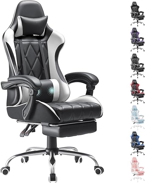 Homall Gaming Chair, Computer Chair with Footrest and Massage Lumbar Support, Ergonomic High Back Video Game Chair with Swivel Seat and Headrest (White)