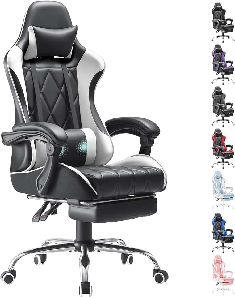 Homall Gaming Chair, Computer Chair with Footrest and Massage Lumbar Support, Ergonomic High Back Video Game Chair with Swivel Seat and Headrest (White) Global Recycled Standard