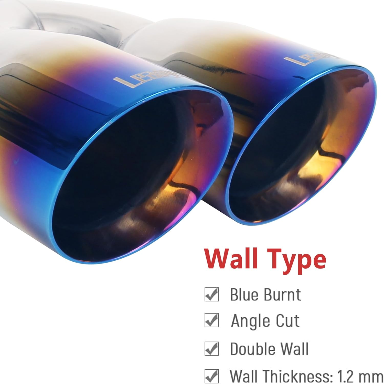 Pack of 2 Dual Exhaust Tip Tailpipe 2.5 Inch Inlet 3.5" outlet 9.5" Length Blue Burnt Polished Tip Staggered(Double Wall Slant Edge)