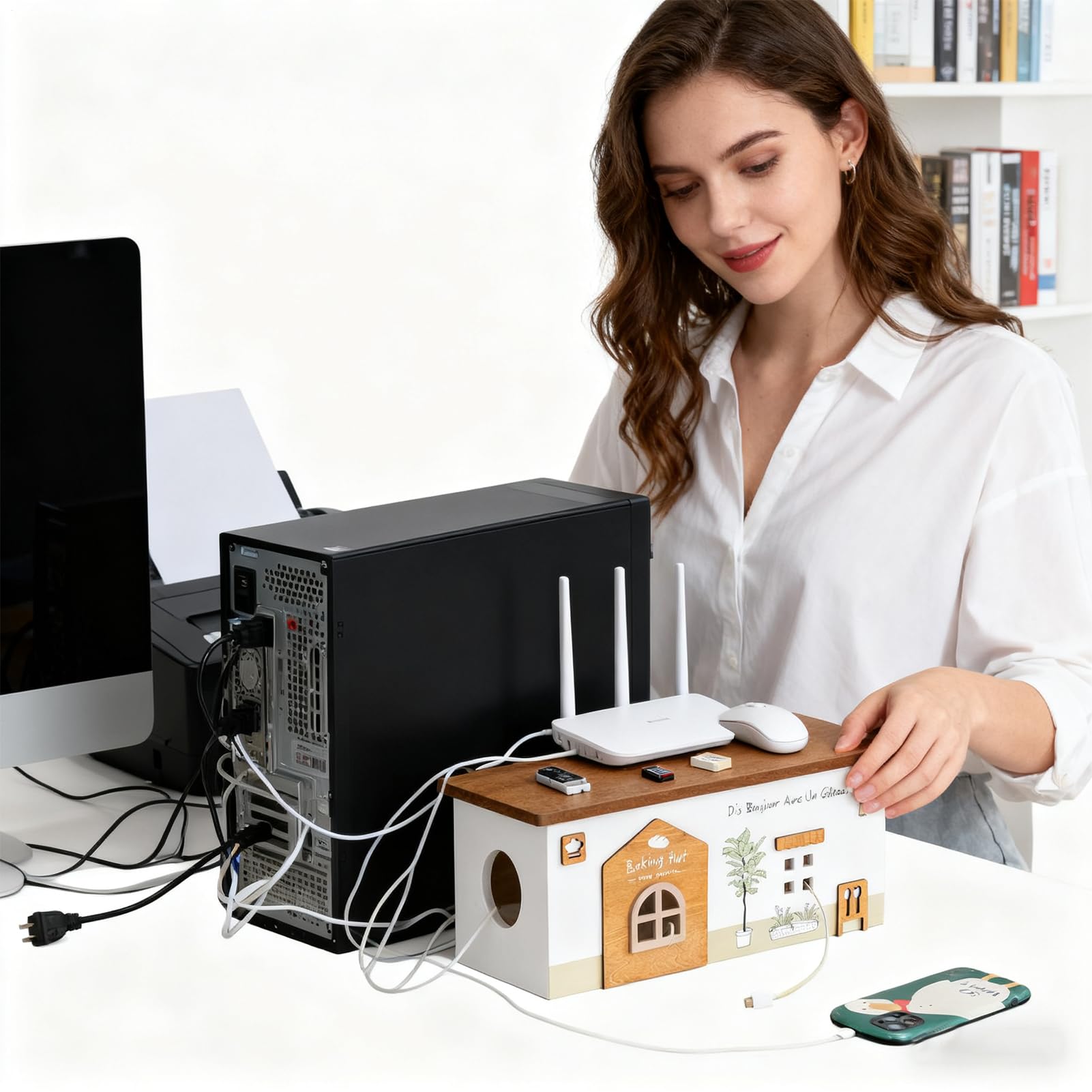 Organizzatore Cavi Design a Cabina in Legno per Organizzare | Contenitore per Cavi di Ricarica Per Scrivania Elettronica Telefono TV Viaggio Esterno