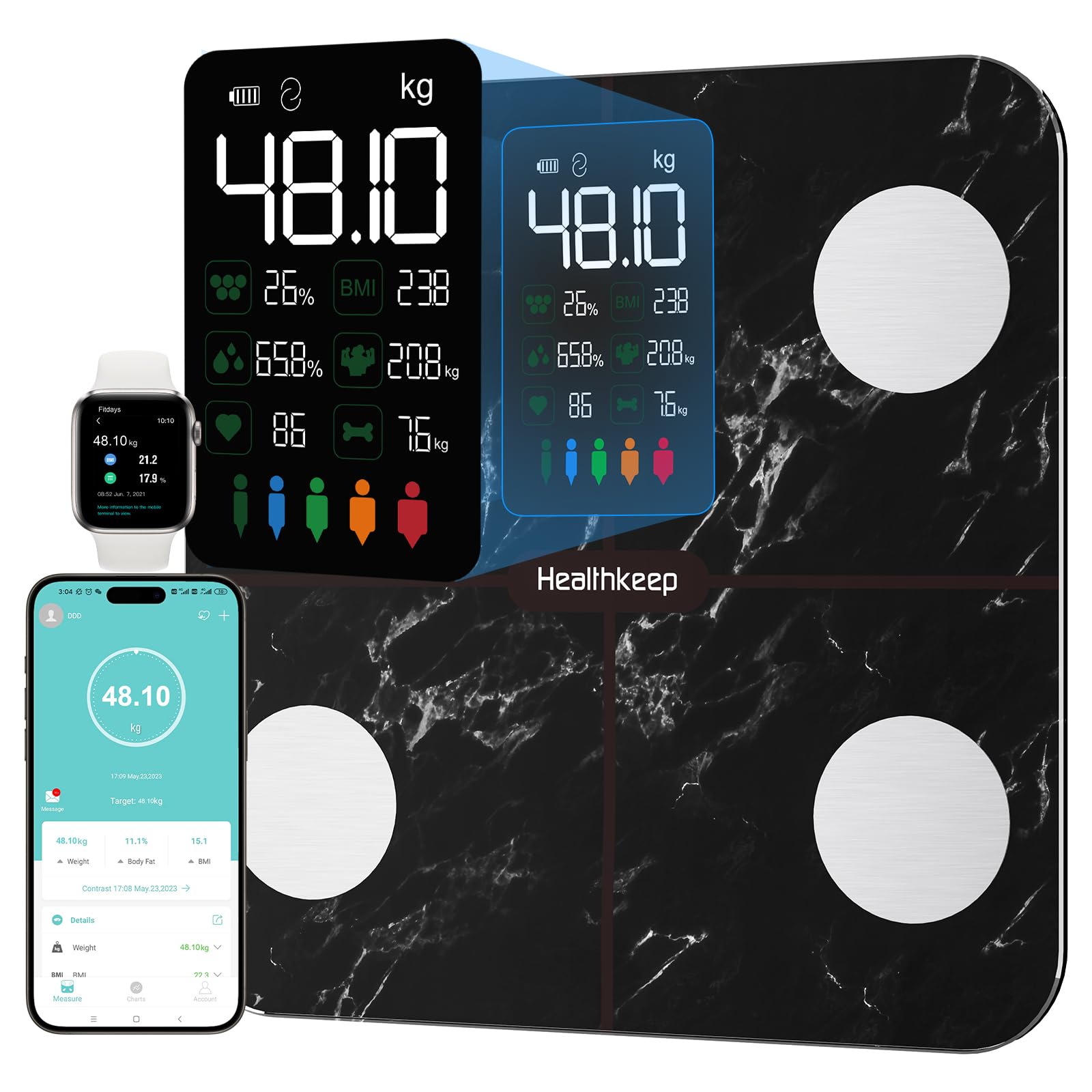 Balance Pèse Personne, Healthkeep Balance Connectée Impédancemètre Grand Écran VA avec Fréquence Cardiaque avec 15 Mesures Avec APP pour Andriod et iOS 180kg/400lb/28st, Noir