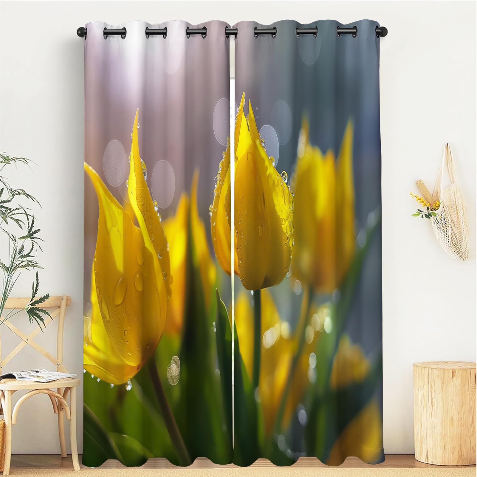 Rideau occultant jaune tulipe 140x220 cm lot de 2 rideaux thermiques