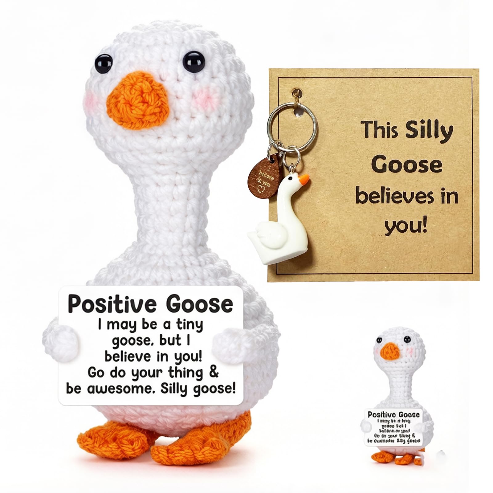 Rndqw Silly Goose Crochet Plush with Keychain Greeting Card – Motivational Emotional Support Crochet, Positive Crochet Animals for Desk Decor, Motivational Gifts for Women and Friends