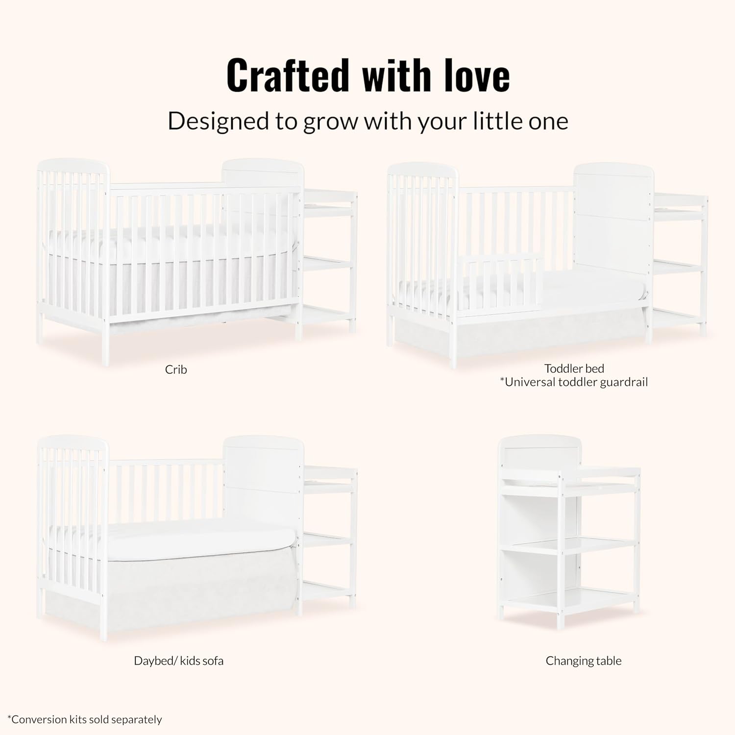 Dream On Me Anna 3-in-1 Convertible Full-Size Baby Crib & Changer with Storage in White, GreenGuard Gold & JPMA, Pinewood, Converts to Day & Toddler Bed, 3 Mattress Heights, 1″ Changing Pad