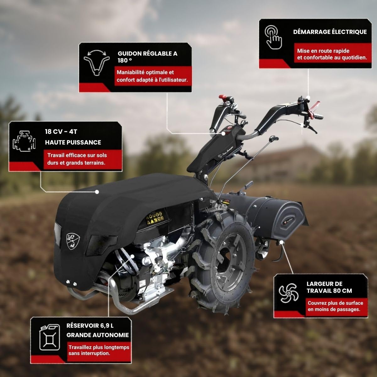 by Tonino Lamborghini GM - Motocultor a Gasolina Profesional 18HP (500cc), Aradora con Arranque Eléctrico, Ancho de Trabajo 800mm, Transmisión de Engranajes y Diferencial