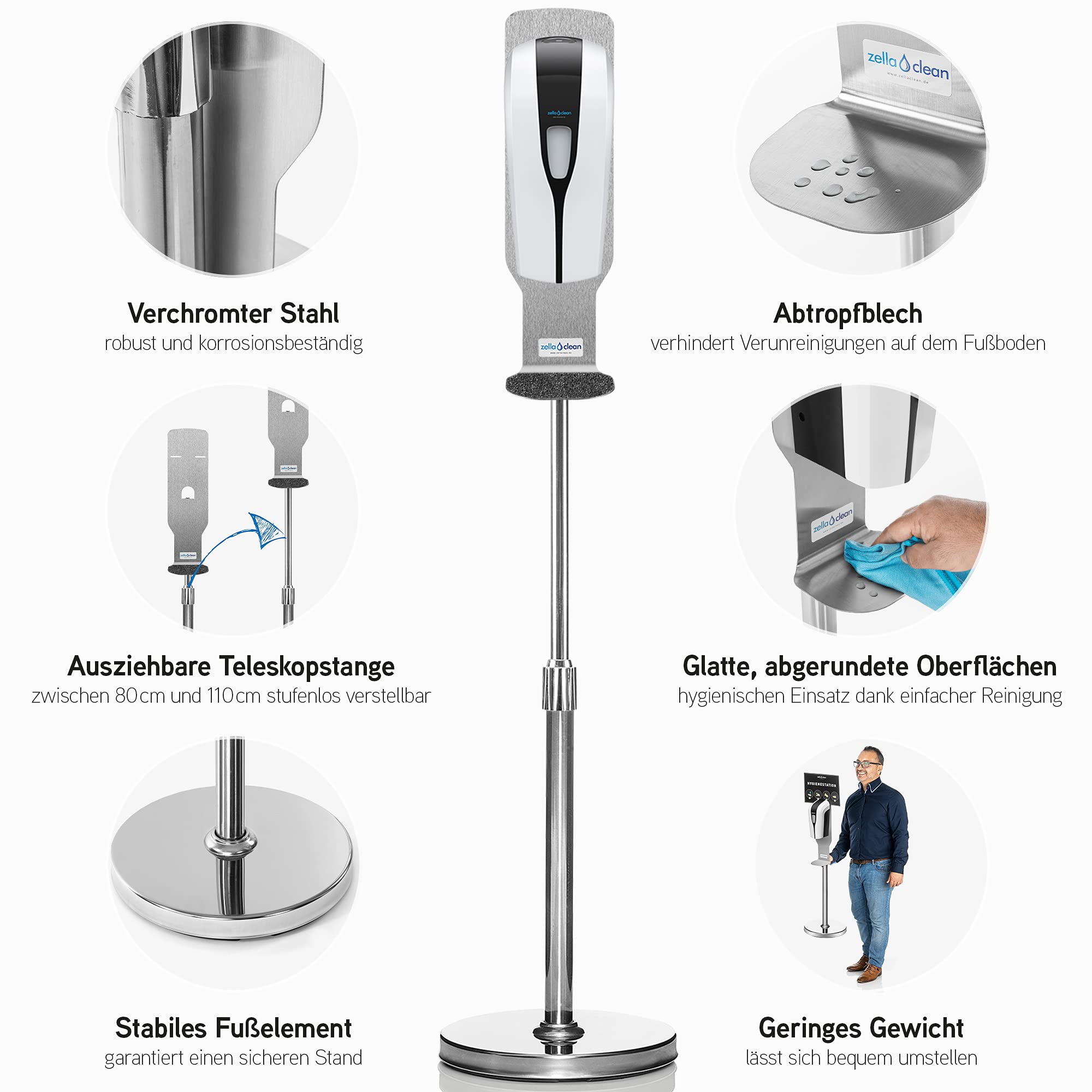 Seifen- und Desinfektionsständer höhenverstellbar inkl. Sensor - Desinfektions-Spender mit Tropfendüse für Gel und Seife, Seifenspender | berührungslose Handdesinfektion mit Sensor